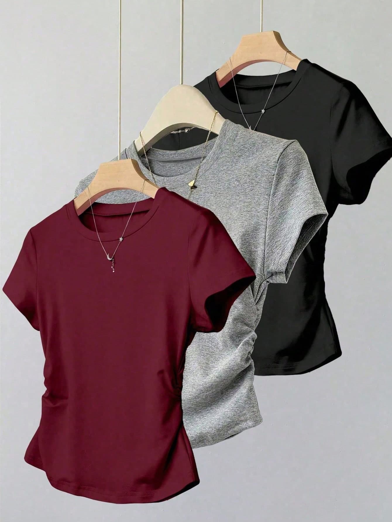 Women's Plain Solid Color Short Sleeve Round Neck T-Shirt, Minimalist Fashion For Summer