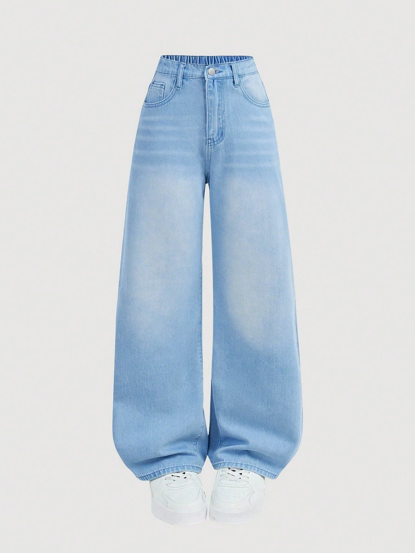 SHEIN Girlism Teen Girls Light Wash Wide Leg Denim Jeans With Zipper Detail And Long Length Winter