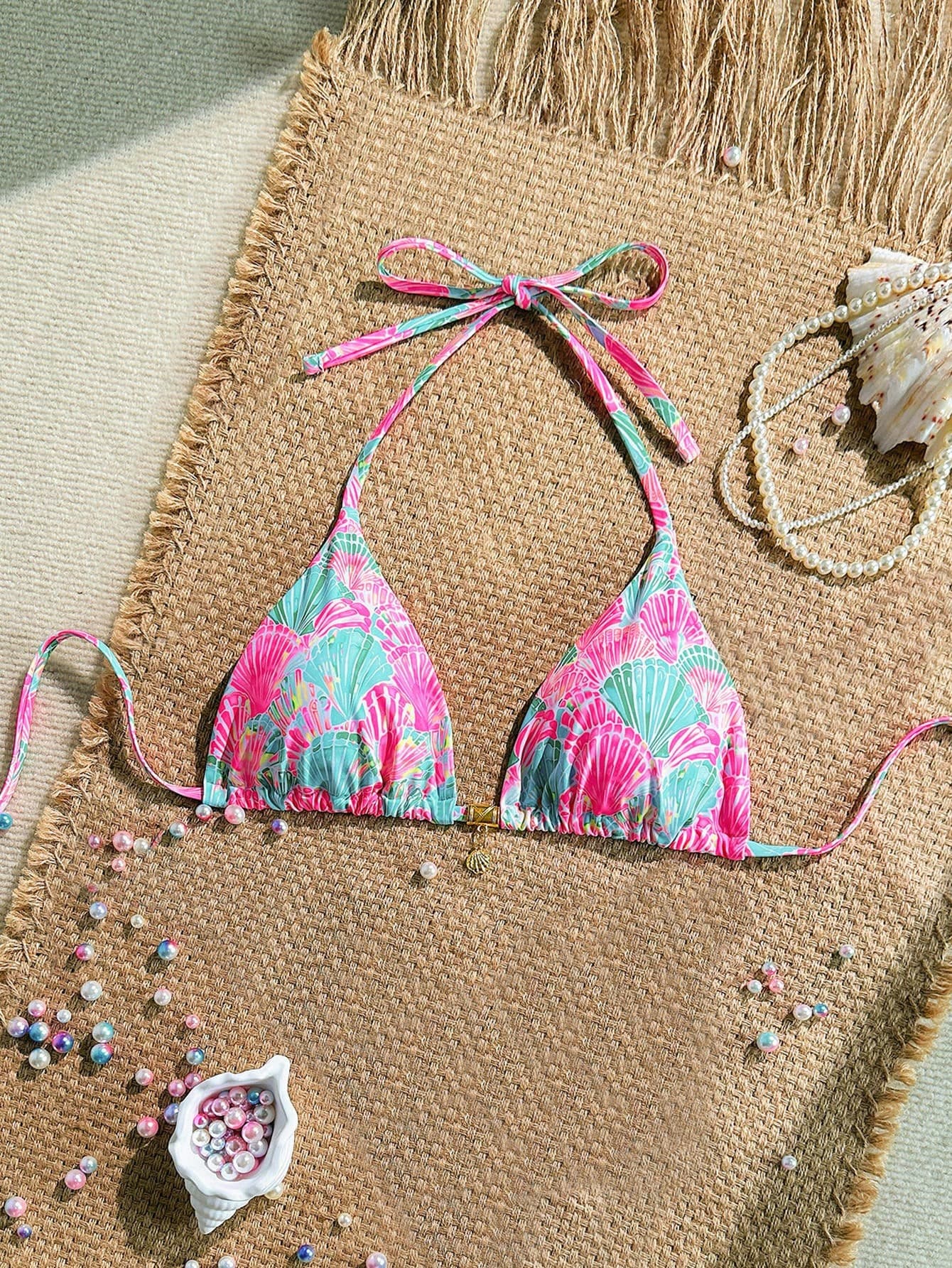 Swim Mod Sexy Halter Triangle Top Shell Decor One Piece Swimwear, Random Tropical Print, Summer Holiday
