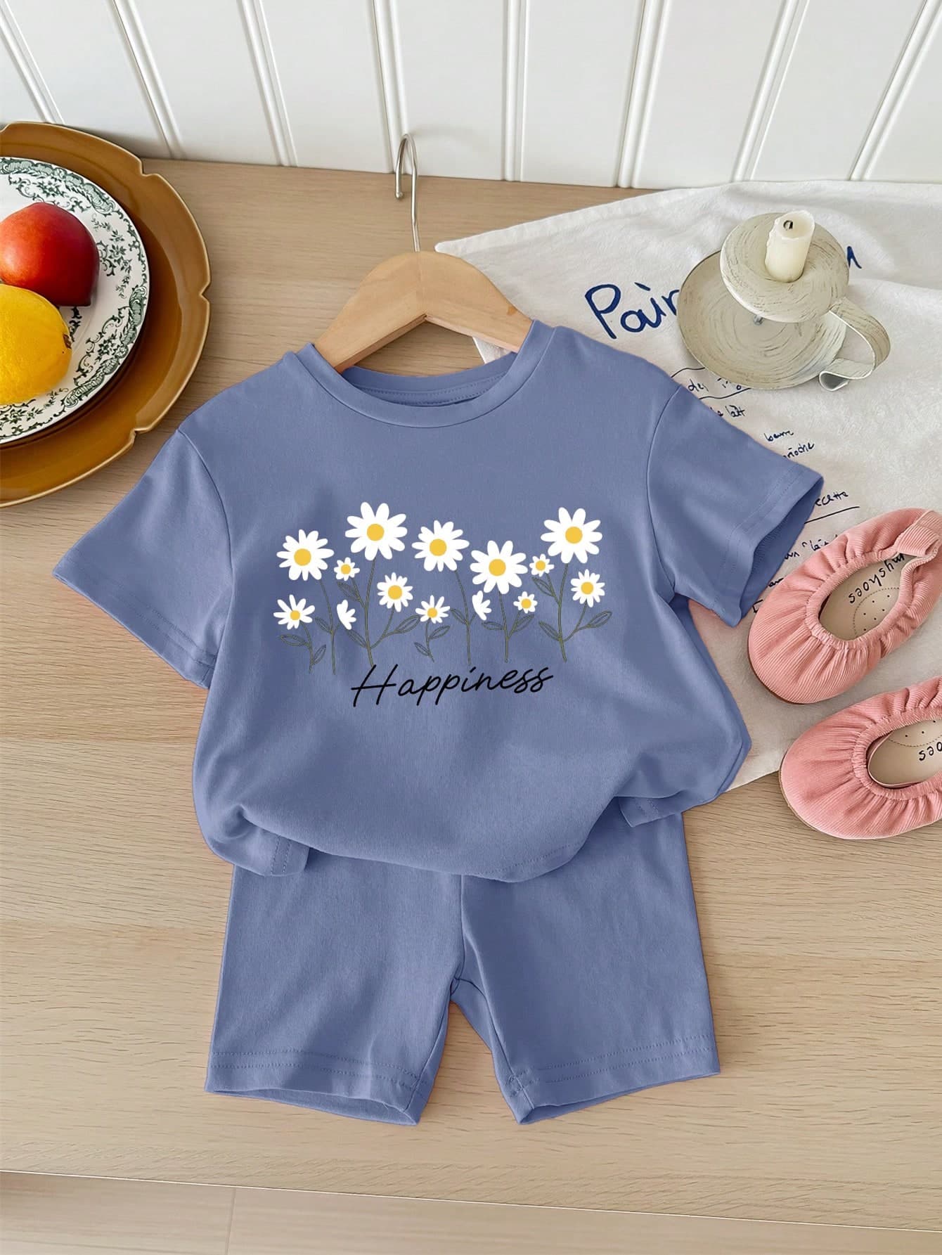 SHEIN LMoss Kids Baby Girls' Casual Minimalist Short Sleeve Shorts Set, Suitable For Summer