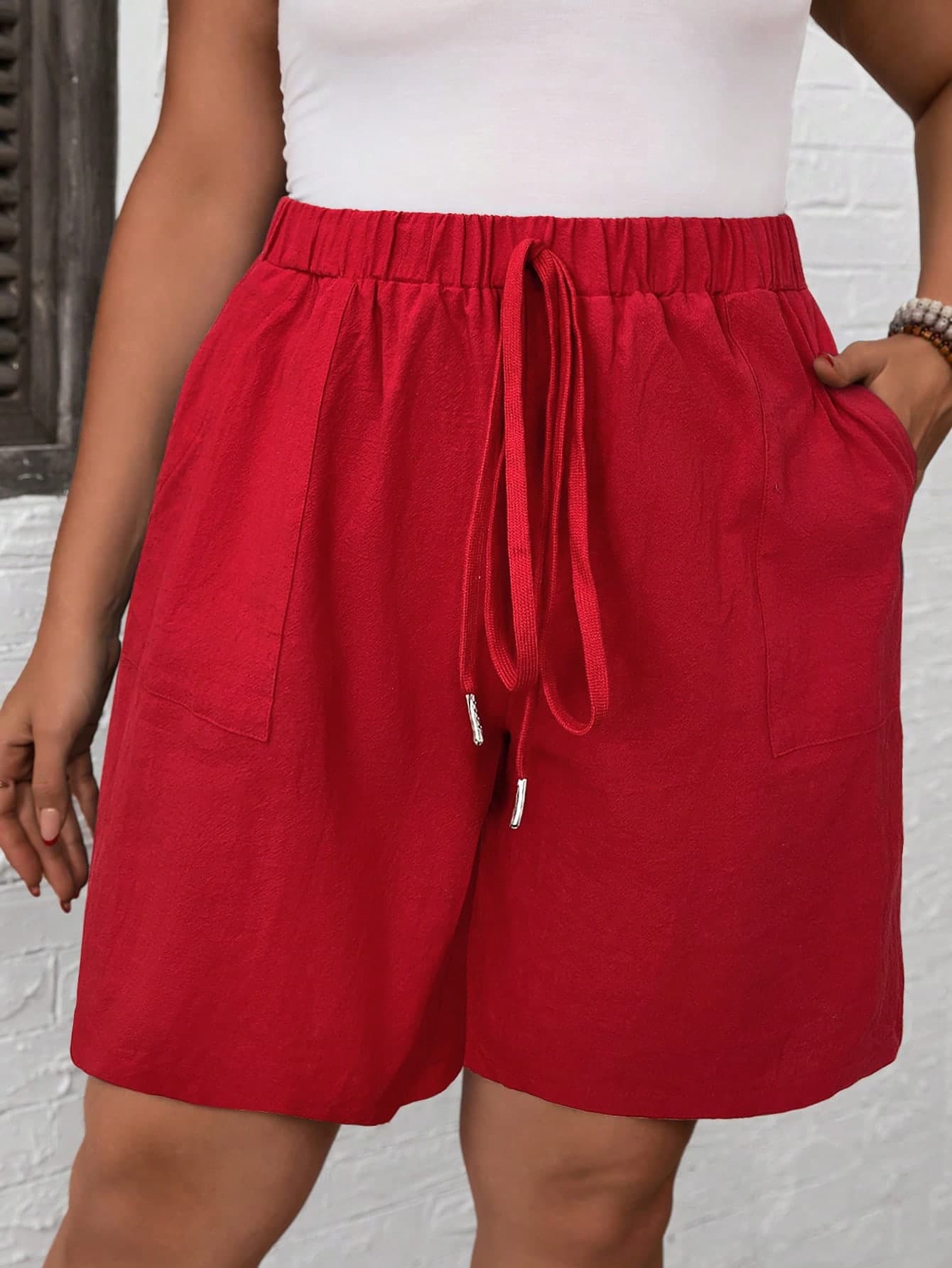 SHEIN LUNE Plus Size Solid Color High Waist Casual Shorts Mother Day Summer Simple & Fashionable