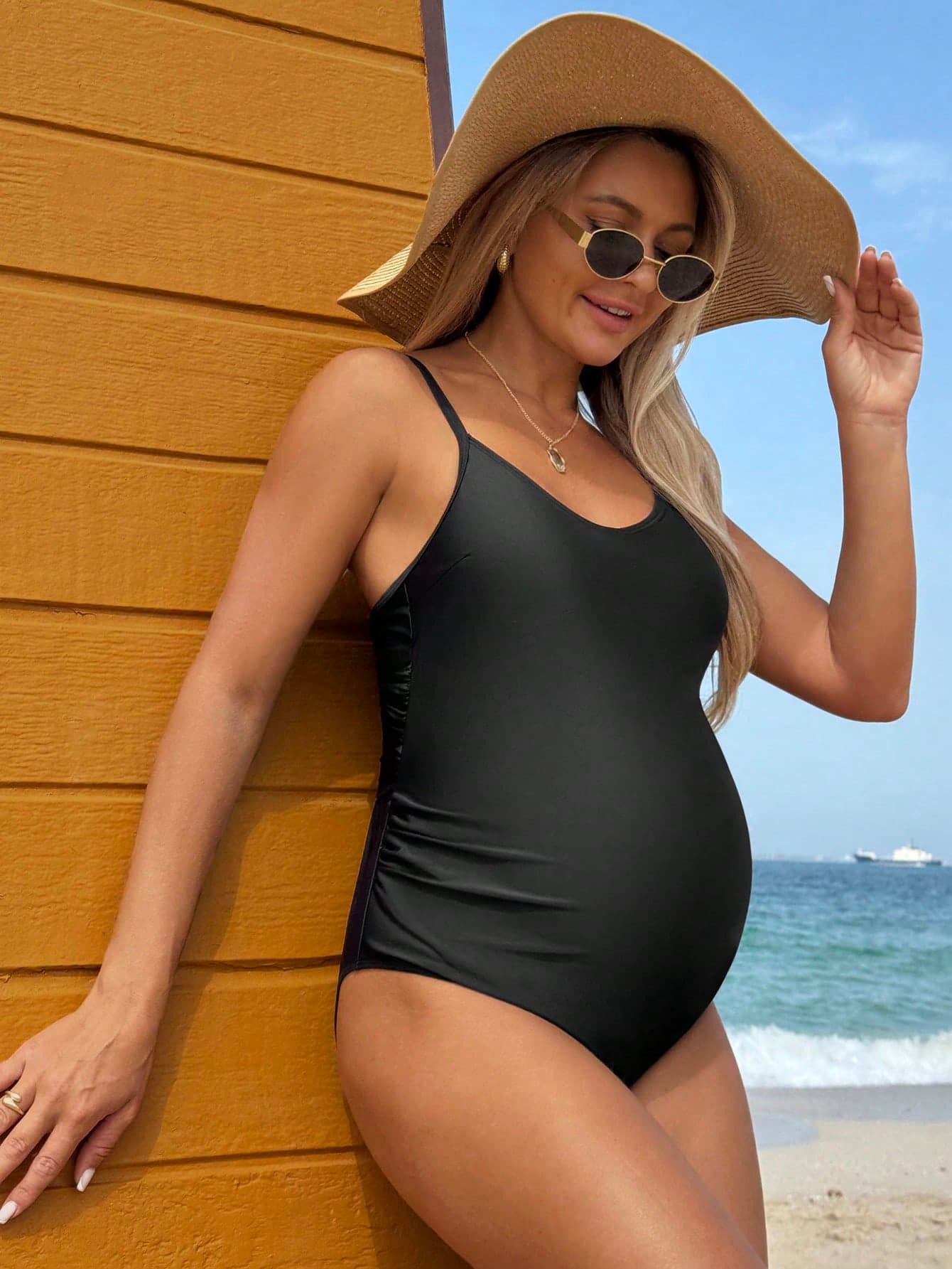 SHEIN 1pc Solid Color Spaghetti Strap Maternity Swimsuit, Simple & Fashionable For Summer