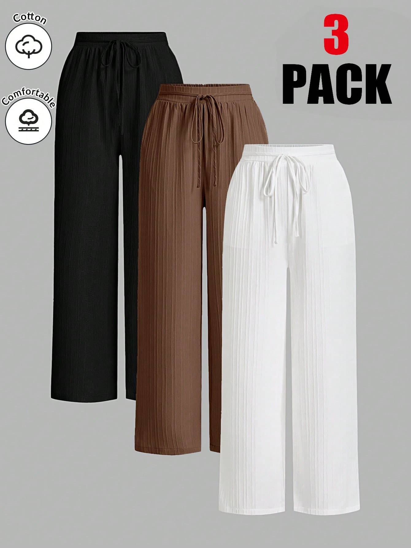 SHEIN Essnce 3packs Summer Pants Women's Solid Color Waist-Tie Wide Leg Loose Casual Pants Work Pants