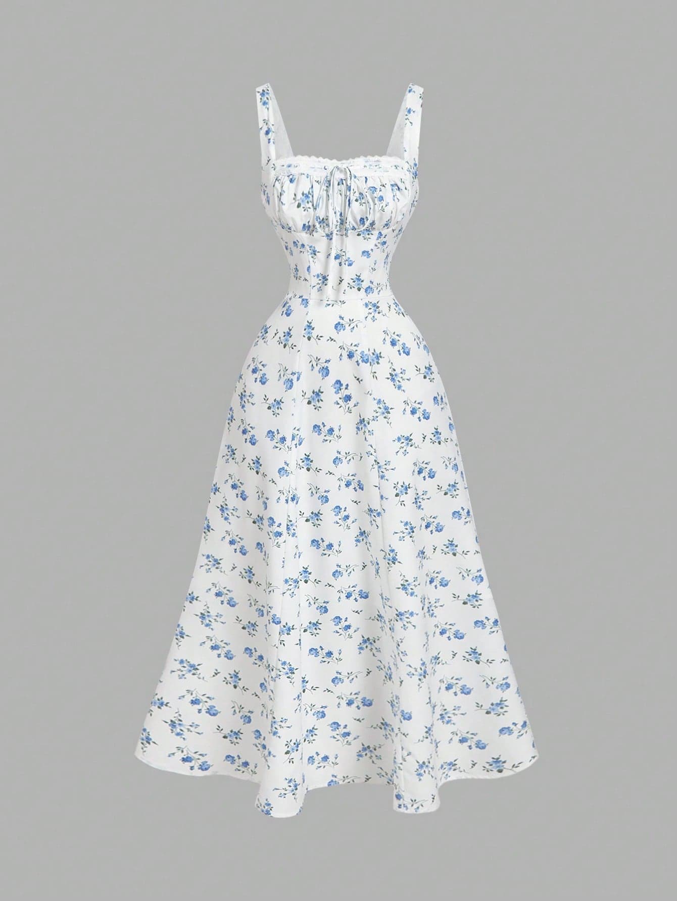 SHEIN MOD Summer White And Blue Floral Cottage Core Picnic Dress,Square Neck Lace Front Panel Gathered Back Tie A Line Maxi Dress For Wedding Guest Party