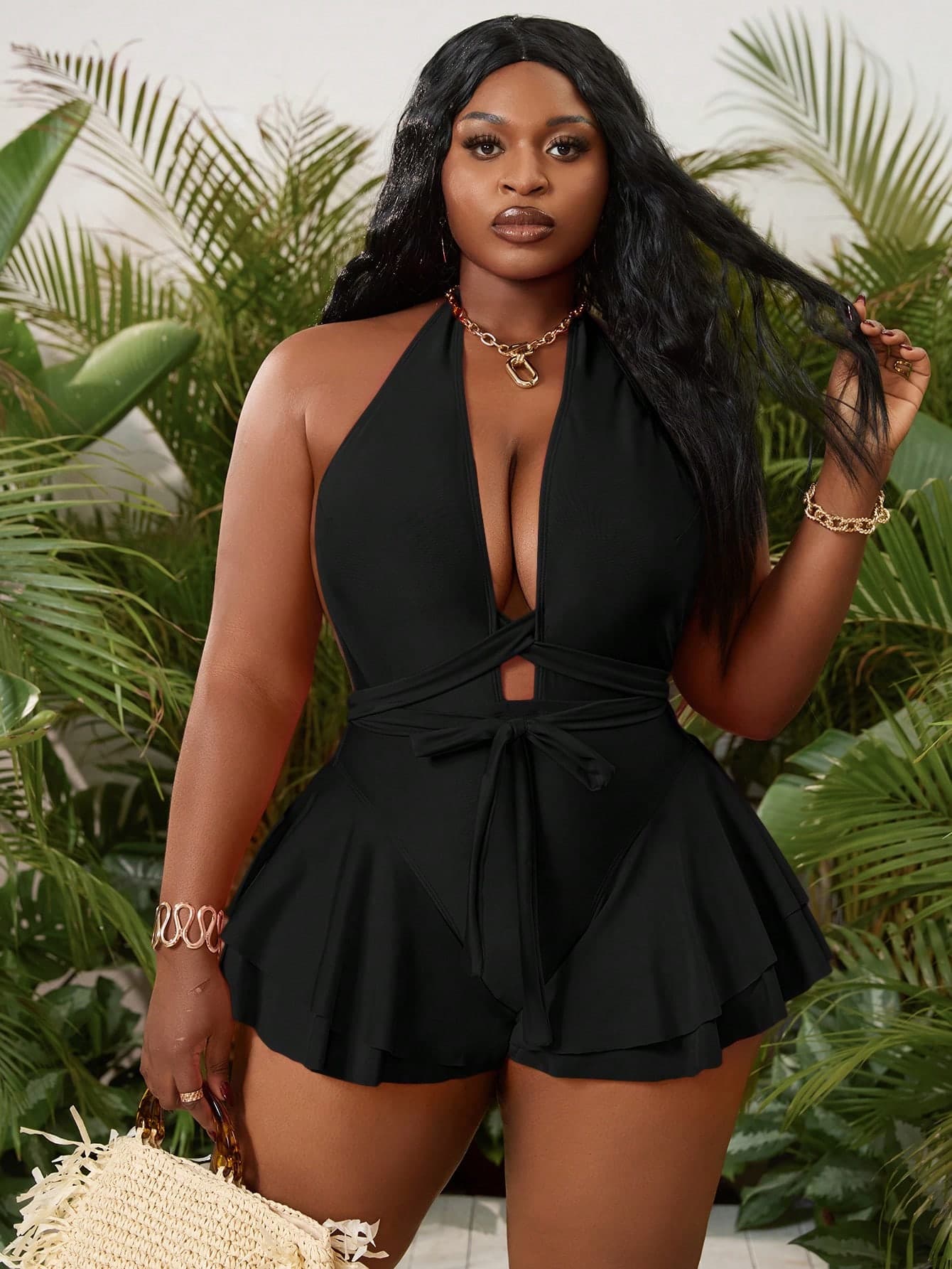Slaydiva Plus Size Ruffled One-Piece Swimsuit, Sexy Party Wear For Summer Beach Vacation