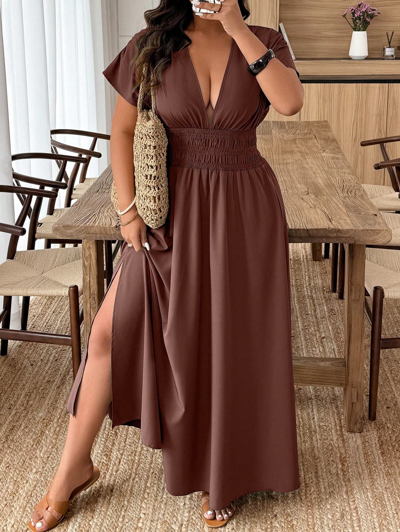 SHEIN Clasi Plus Size Women Deep V-Neck Solid Short Sleeve Ruched Waist Sexy Vacation Dress