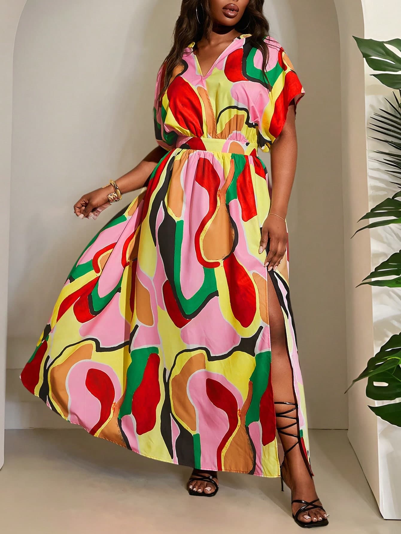 SHEIN SXY Plus Size Women Deep V-Neck Raglan Sleeve Elastic Waist High Slit Dress,Yellow,Autumn,Boho,Vacation,Holiday,Cute Casual Beach Party Streetwear Outfit