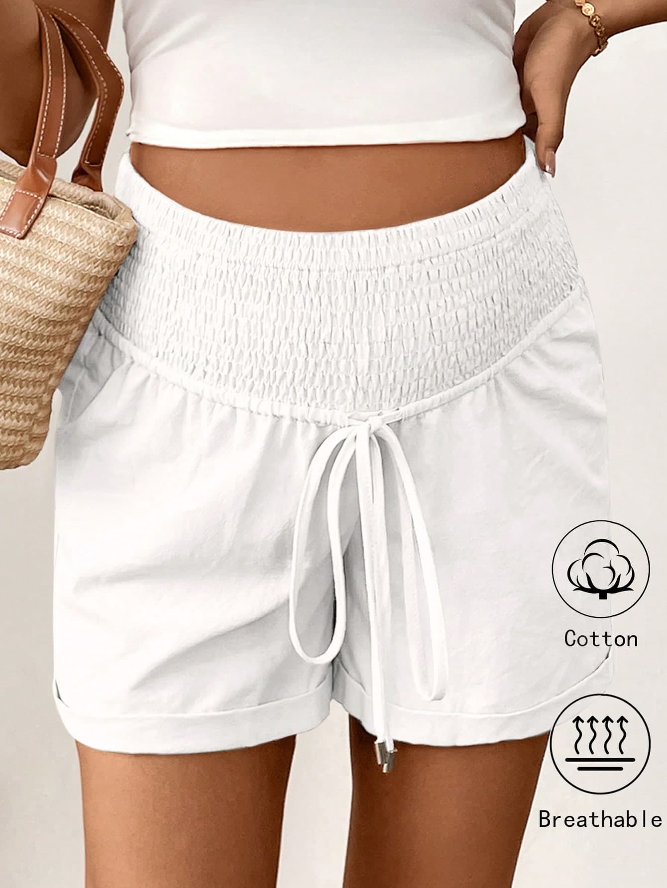 SHEIN Bohemian Pregnant Women Linen Casual Shorts, Solid Color Fashionable Suitable For Summer