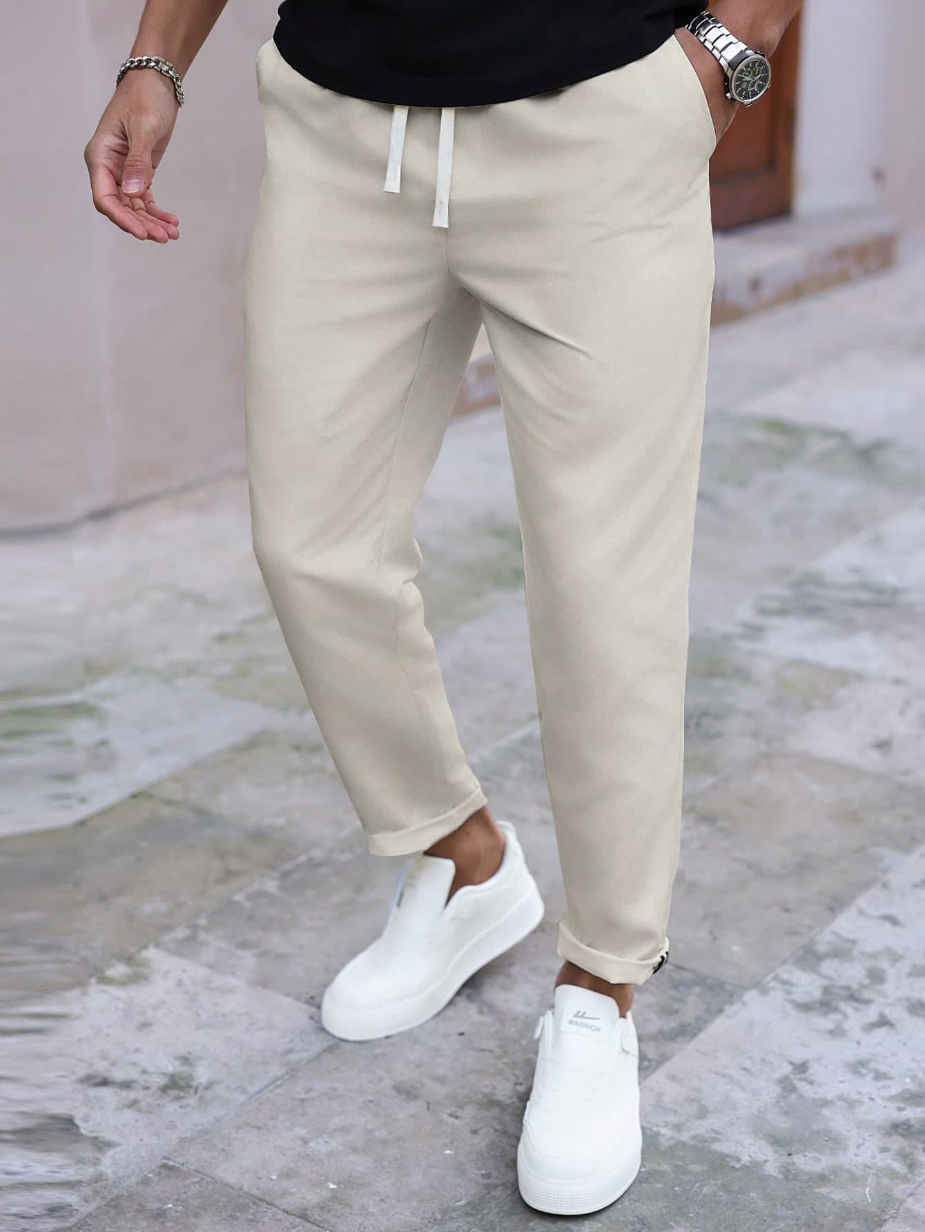 Manfinity Homme Men's Plain Casual Slim Fit Straight Leg Pants, Fall