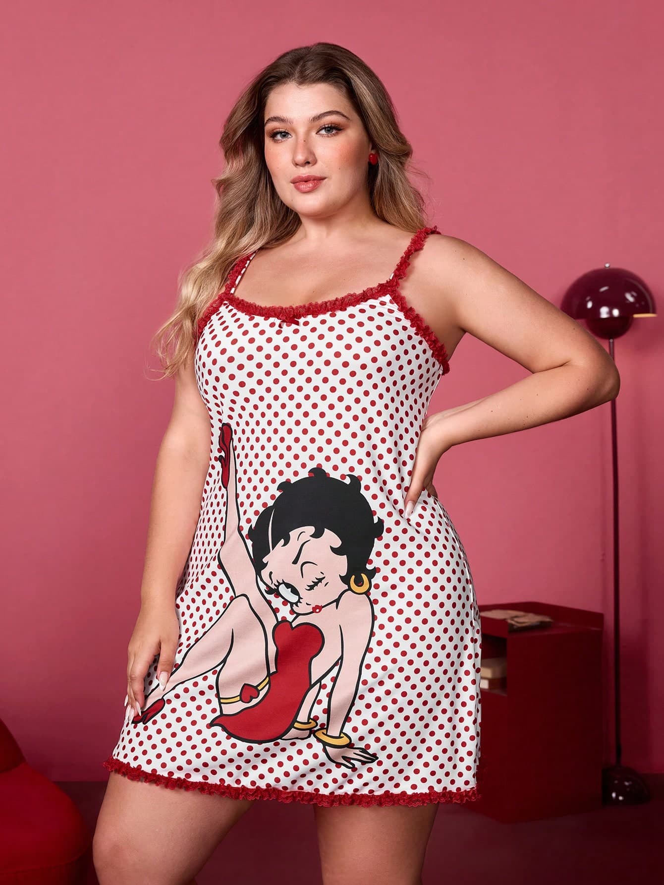Betty Boop x SHEIN Plus Size Women Cute Sexy Red & White Lace Polka Dot Nightdress, Summer
