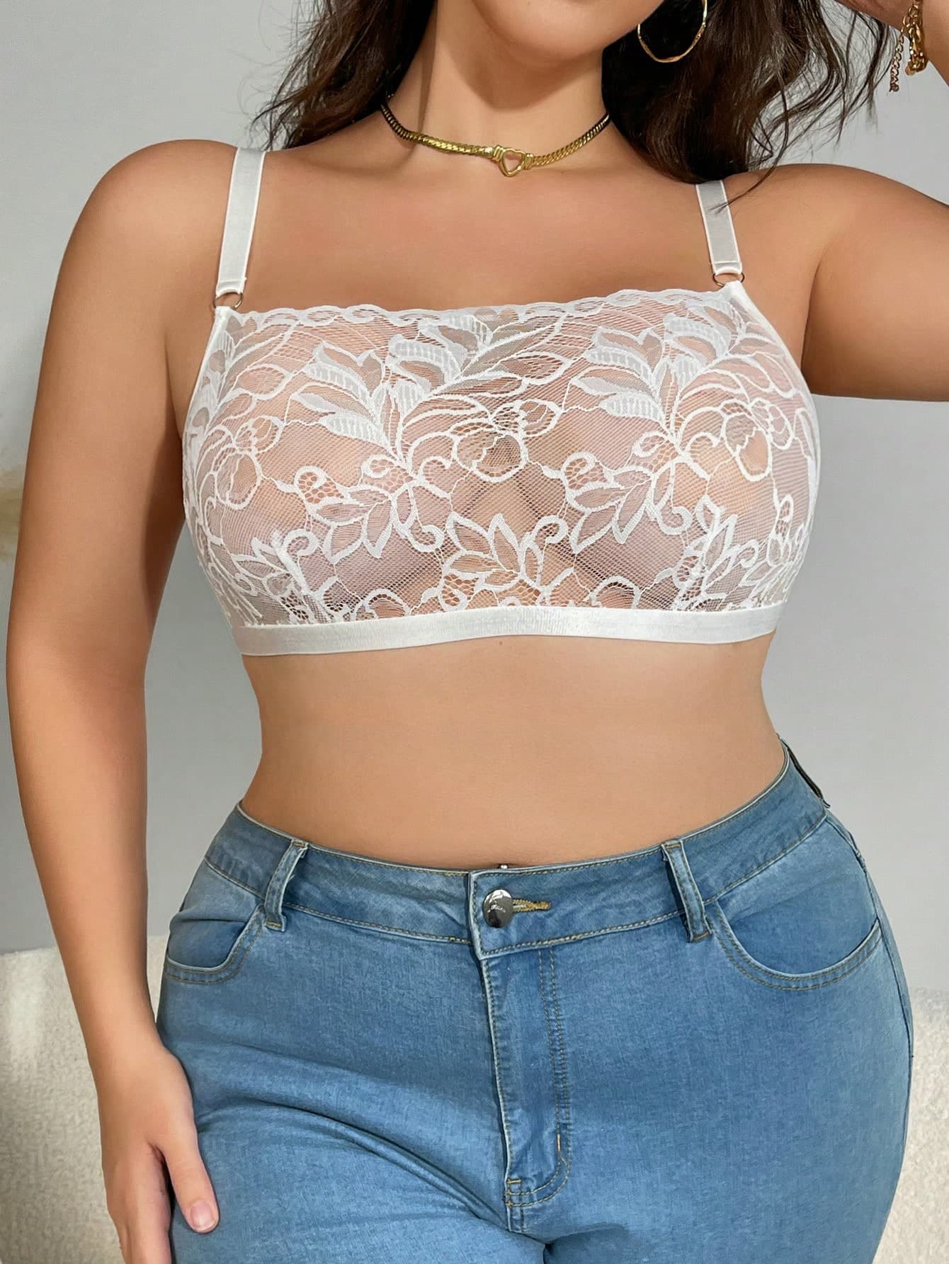 SHEIN Plus Size Sheer Lace Wireless Sexy Lingerie Bra