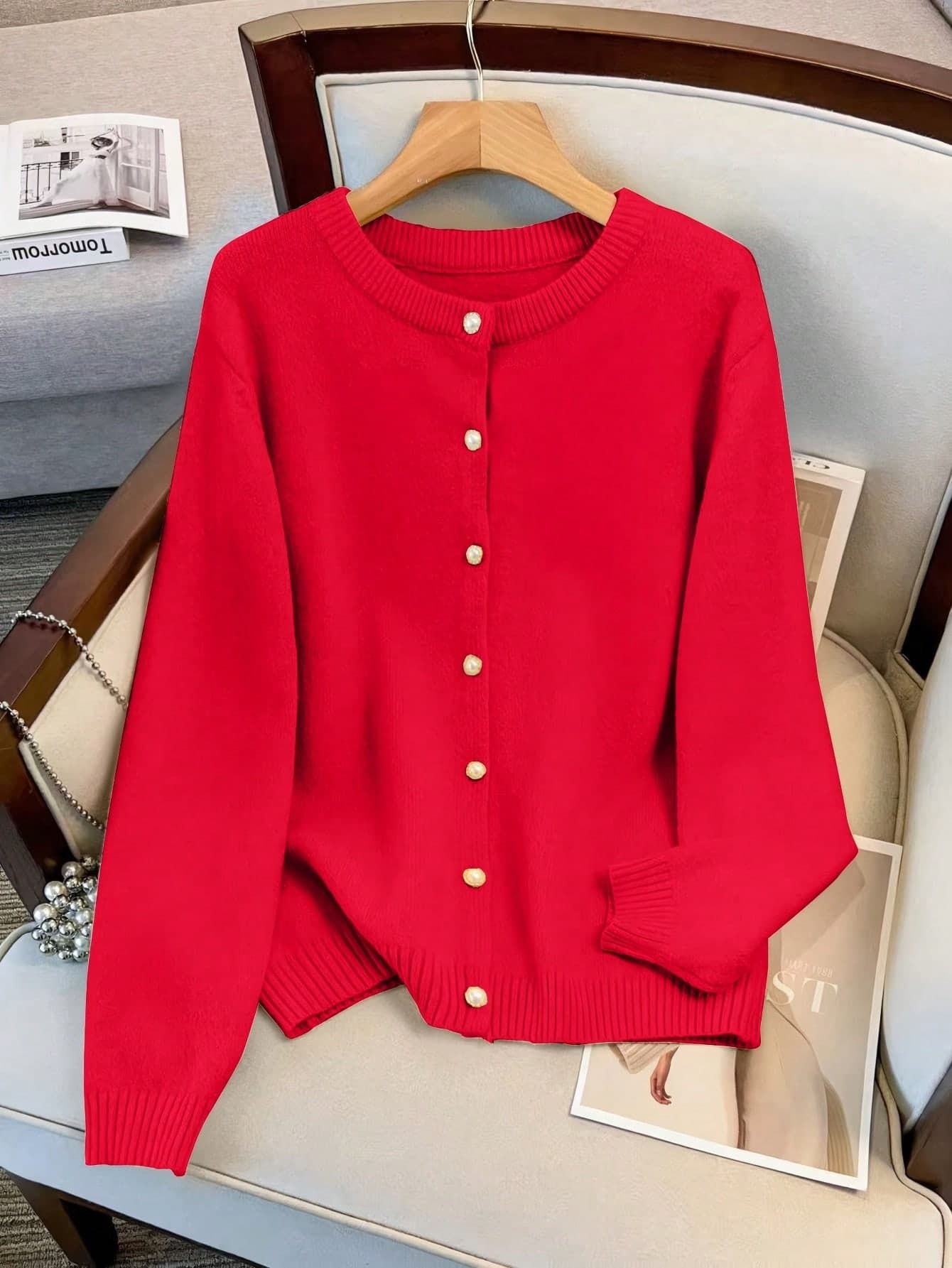 SHEIN LUNE Women Plus Size Simple Elegant Single Breasted Round Neck Cardigan, Casual Long Sleeve Fall Winter Cloth For Women Autumn
