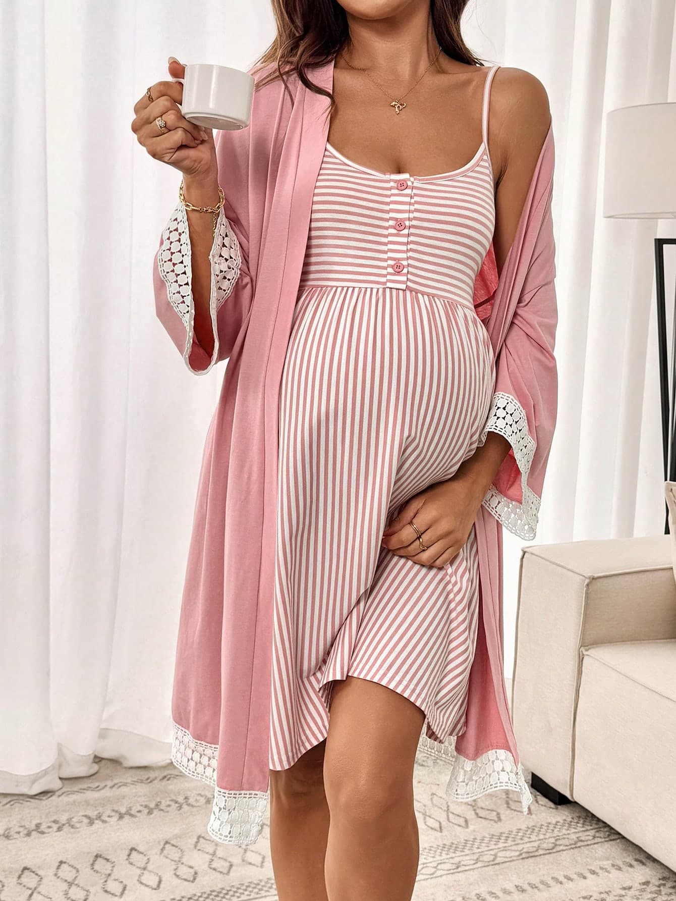 Slowluna 2pcs Pregnant Women Contrast Color Lace Patchwork Jacket & Striped Camisole Dress Set,Sleepwear,Pajama Dress,Loungewear,Sleepwear Set