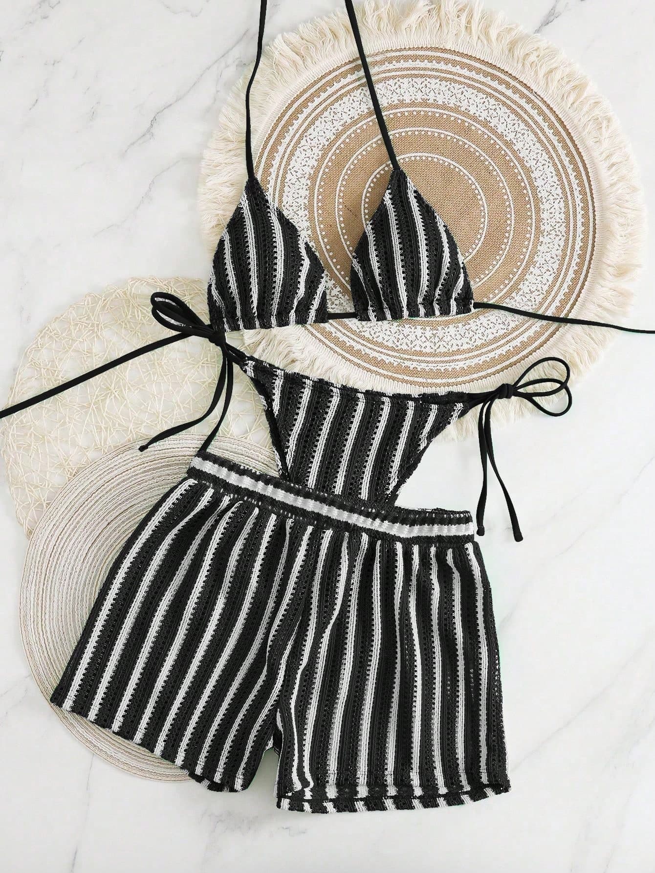 Swim Mod 3pcs Bohemian Crochet Fabric Drawstring Swimsuit Cover Up Bikini Set For Summer Beach Vacation