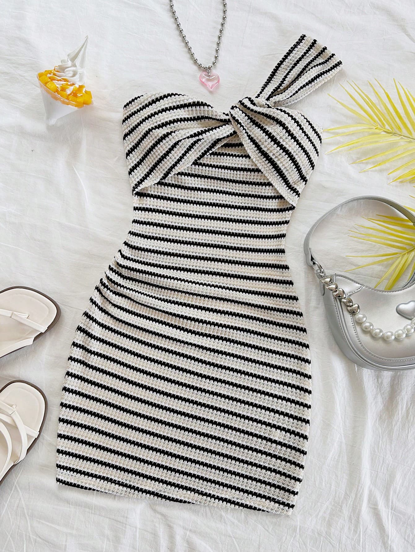 Soleia WYWH Women's Knitted Striped Mini One-Shoulder Bodycon Dress,Black And White Checkered,Summer,Seksi Chic,Brunch,Bohemian Vacation Rave Party Outfits