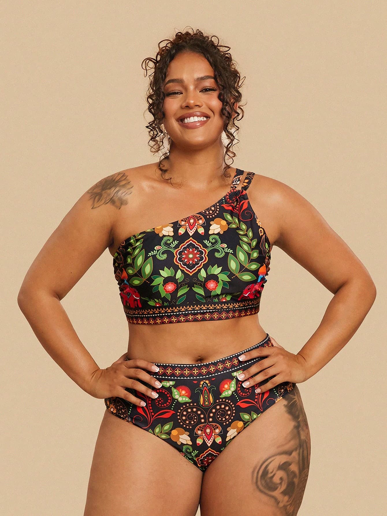 Travachic Plus Size Tropical Print Cutout Detail Halter Neck 2pcs Swimsuit For Women, Beach Vacation Casual Tank Tops