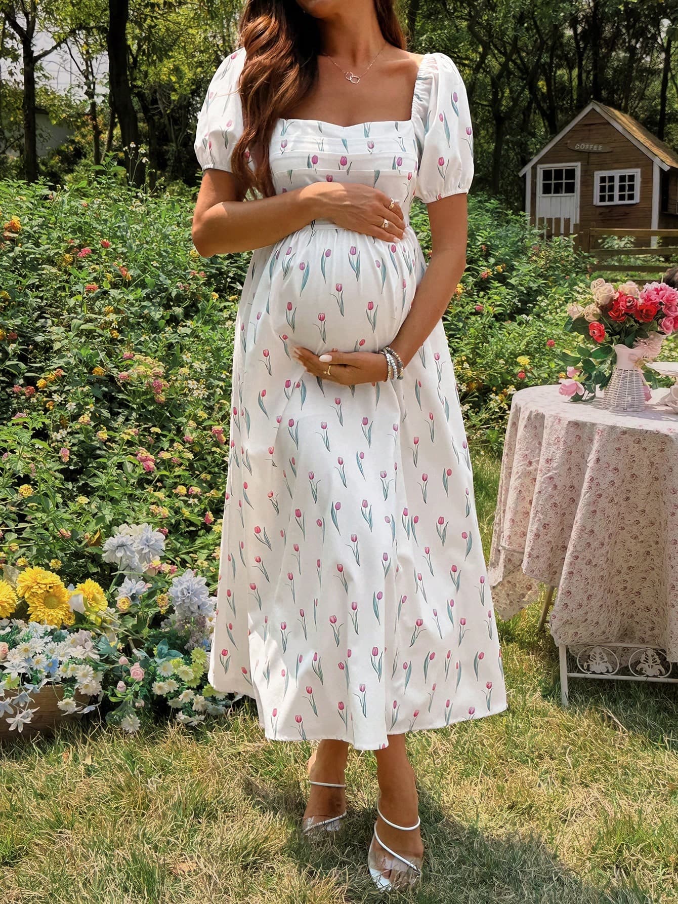 SHEIN Elegant Tulip Floral Print Long Maternity Dress For Summer