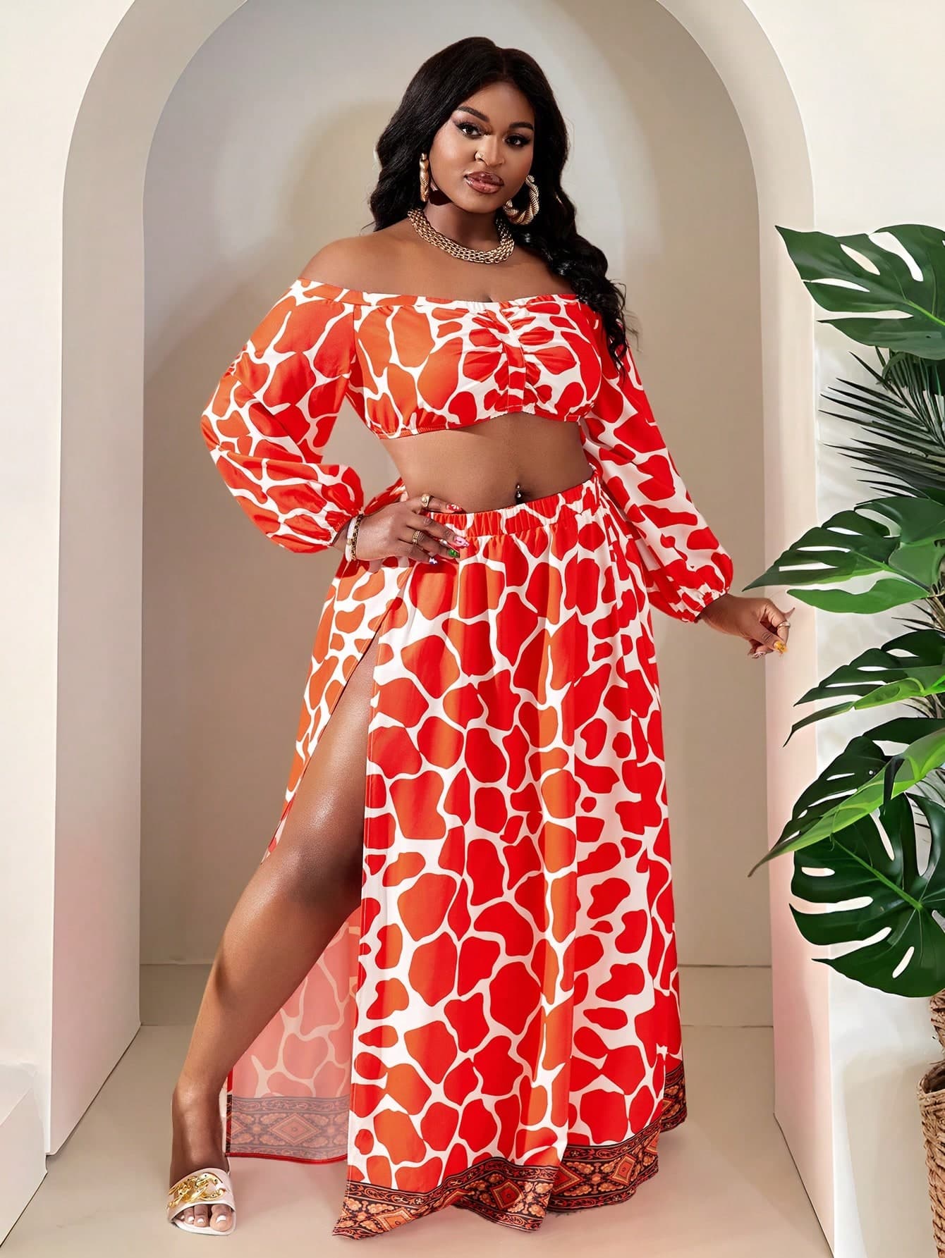 Slaydiva Printed Plus Size 2pcs Set Jumpsuit With Side Slit