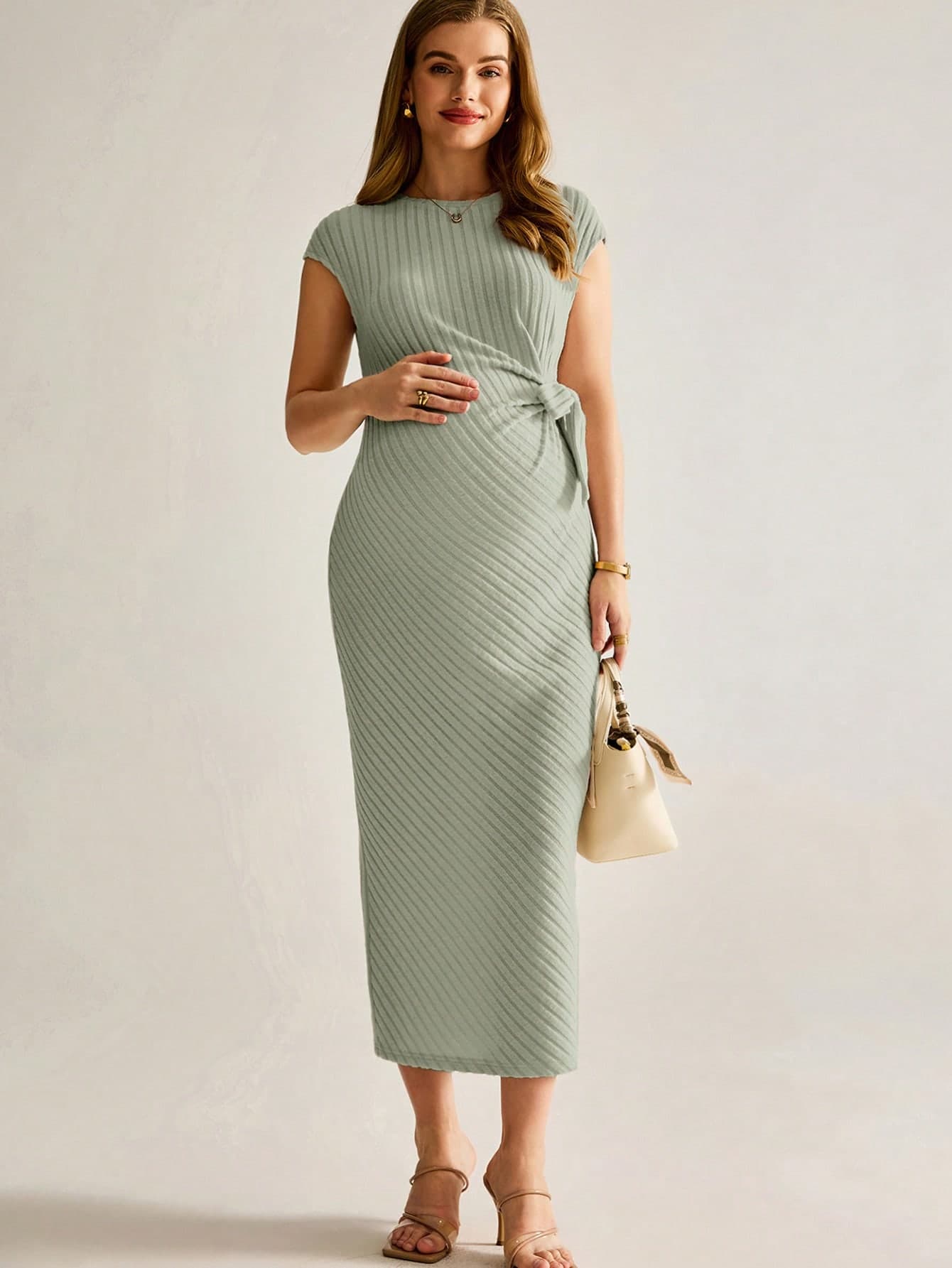 MaterniWear Maternity Casual Solid Color Knitted Ribbed Fitted Dress Green