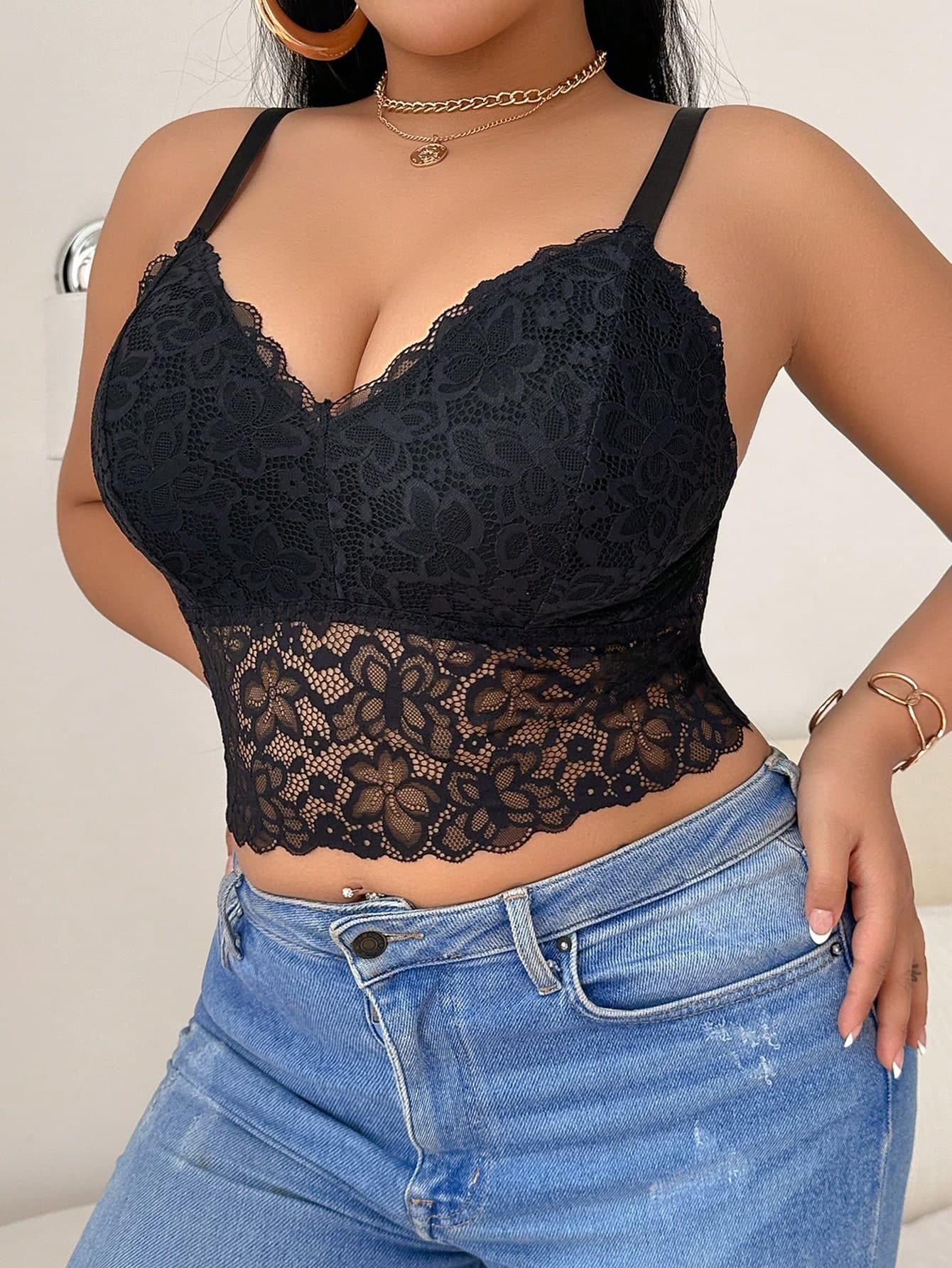 SHEIN Non-Wired No-Cup Sexy Plus Size Lace Lingerie
