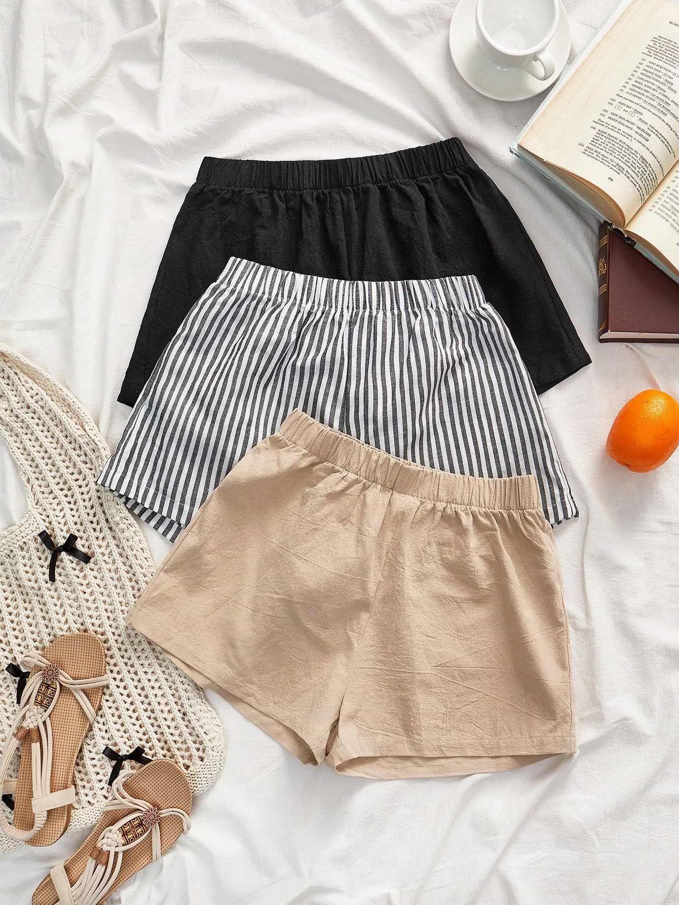 SHEIN VCAY 3pcs Set Women Summer Woven Fashionable Multi-Color Linen Shorts, Summer For Women, Festival For Women
