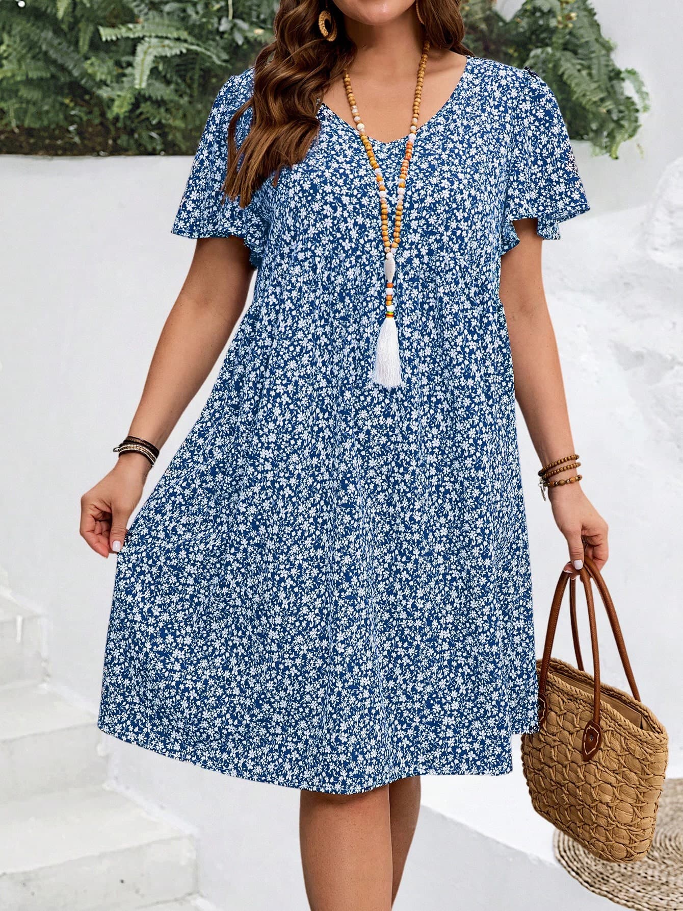 EMERY ROSE Plus Size Women's Summer Ditsy Floral Ruffle Sleeve Holiday Dress
