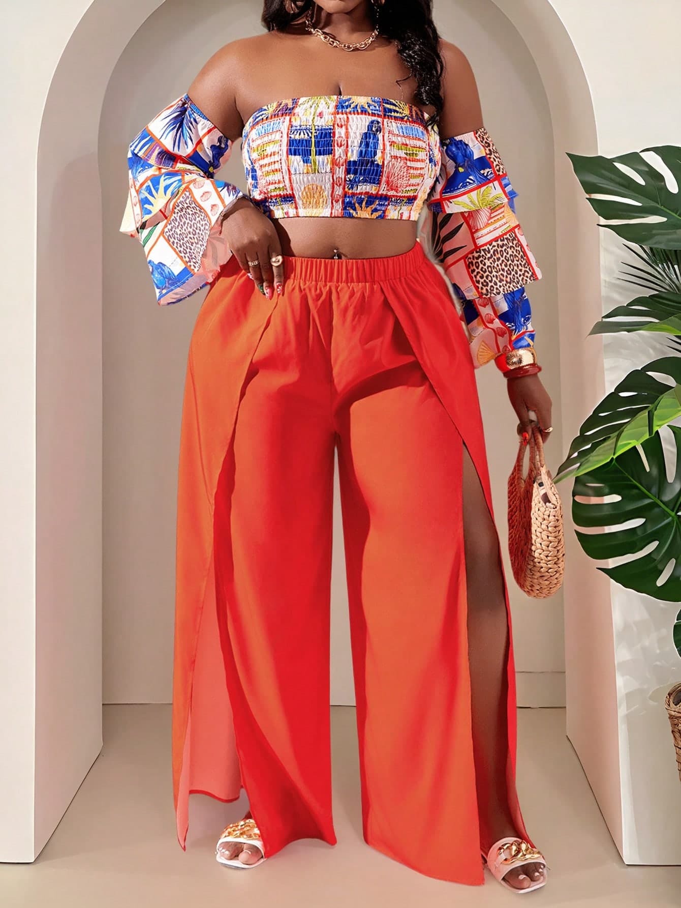 Slaydiva Plus Size Holiday Floral Printed Off Shoulder Jumpsuit With Wide Leg And Slit Pants 2pcs Set