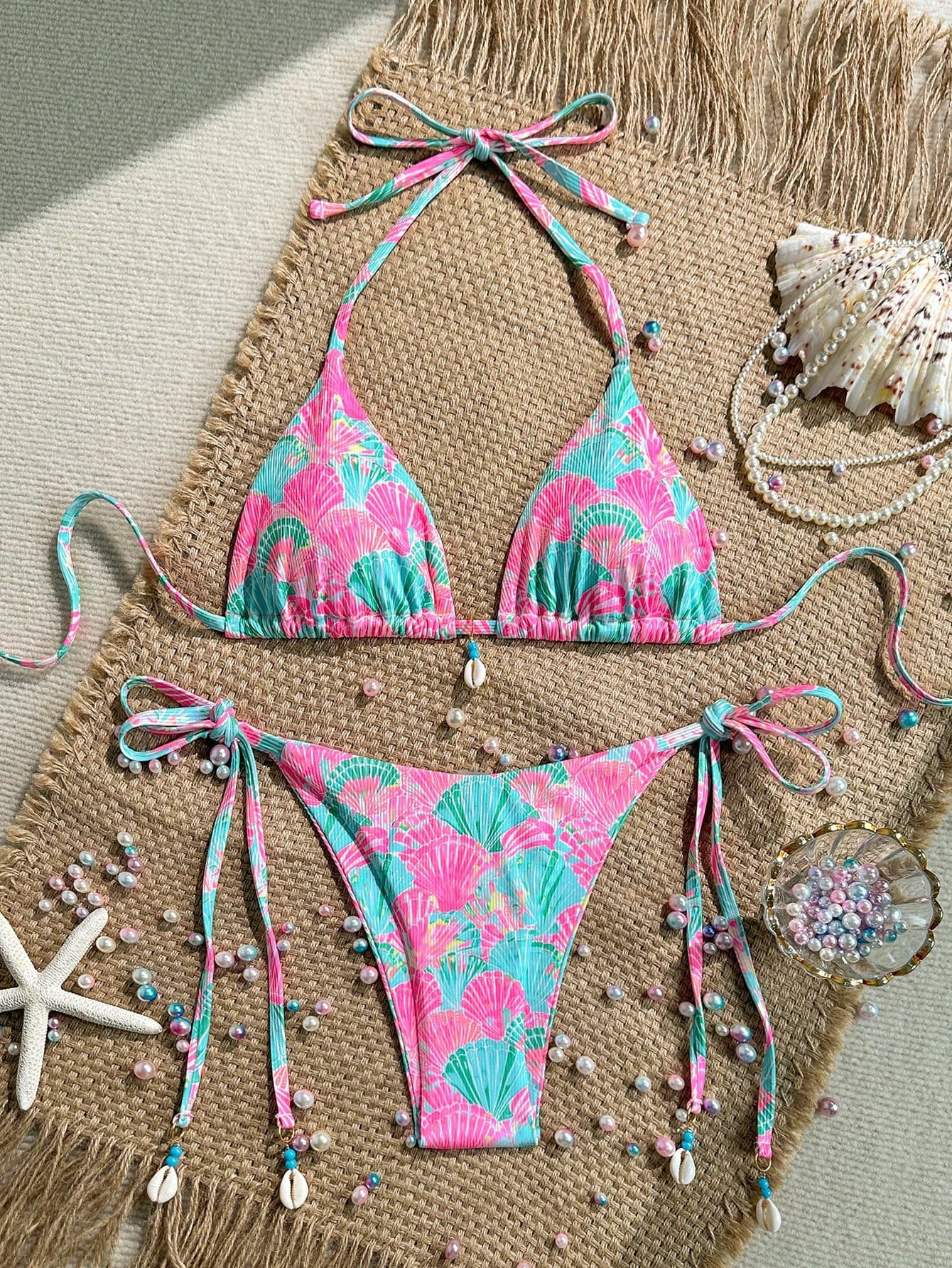Swim Mod 2pcs/Set Women Summer Beach Vacation Casual Printed Ribbed Texture Shell Accent Halter Top And Tie Side Swim Shorts Boho Bikini Suit