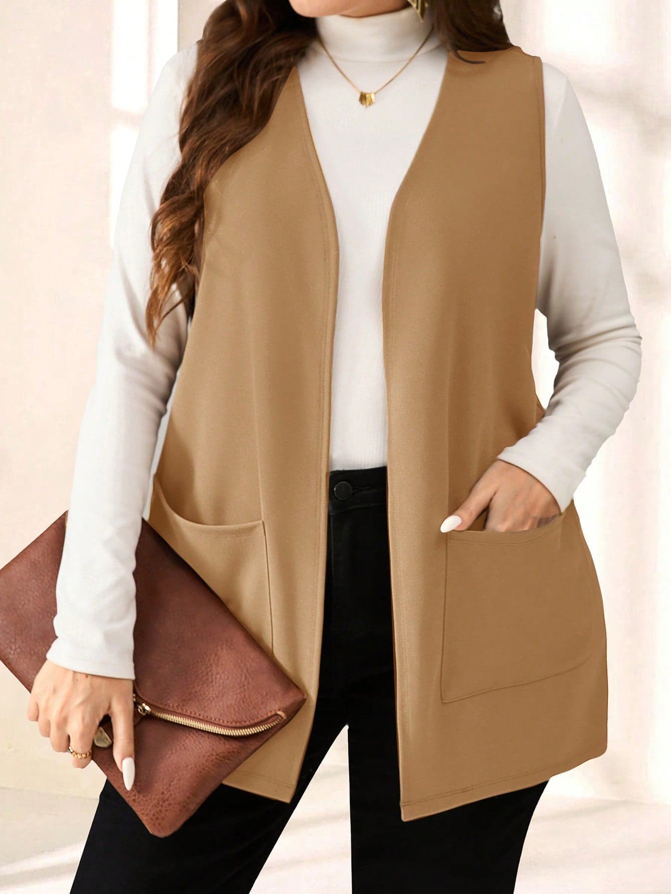 EMERY ROSE Plus Size Solid Color Sleeveless Loose Pocket Simple Casual Jacket,Spring/Summer In Fall/Winter