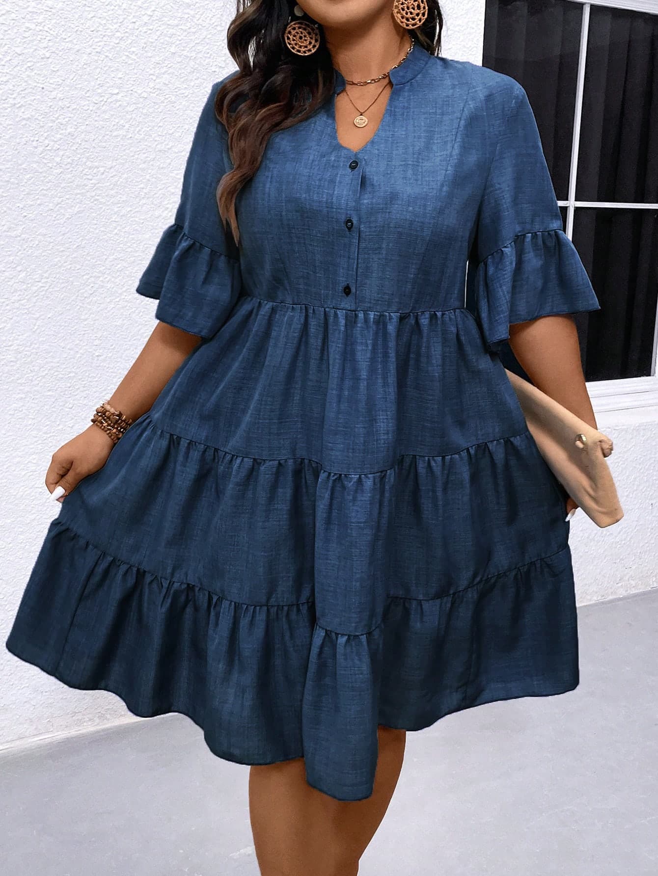 EMERY ROSE Plus Size Vacation Casual Solid Color Notch Neck Dress