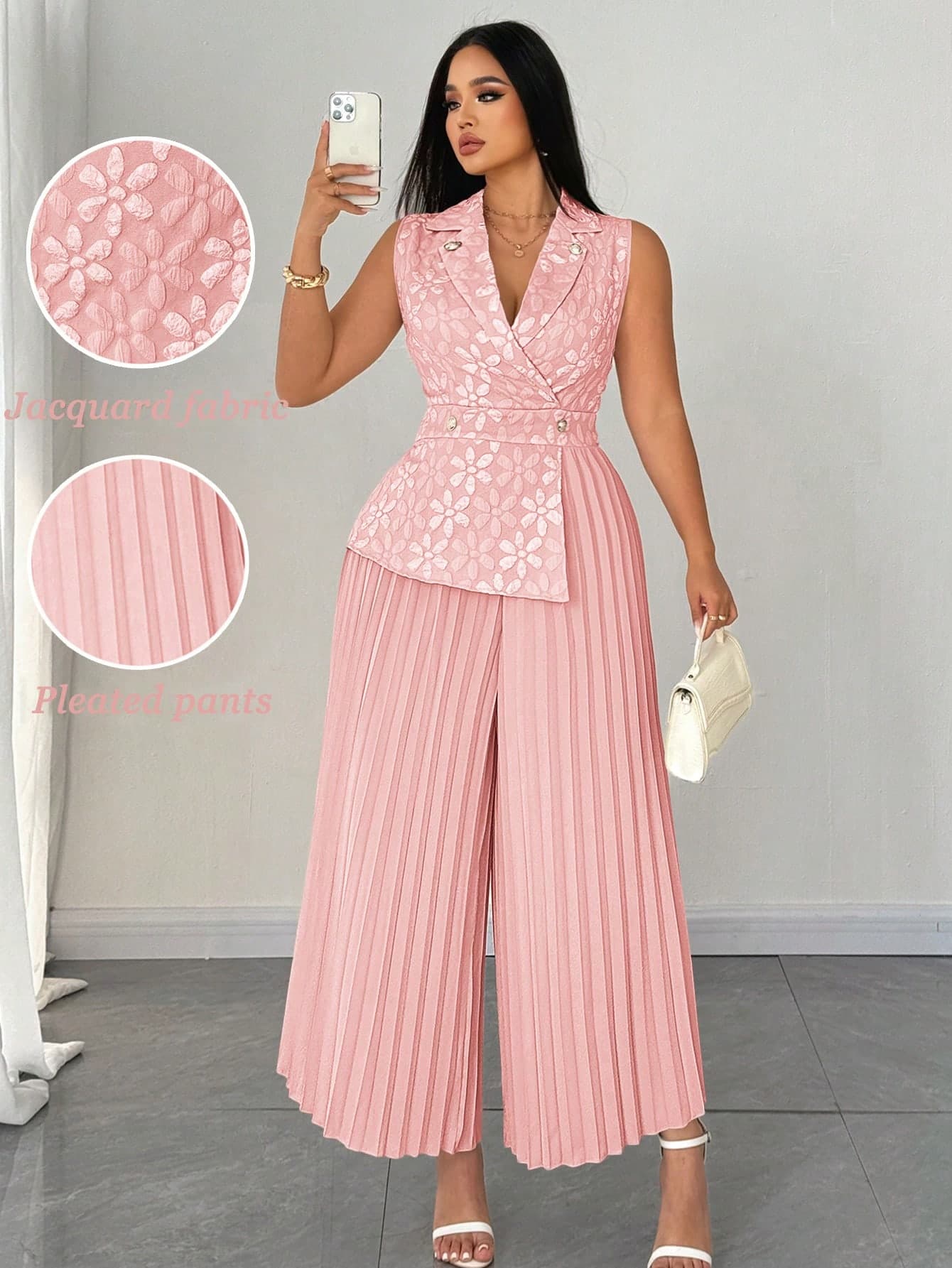 SHEIN Clasi Plus Size Women Elegant Jacquard Pleated Jumpsuit With Collar