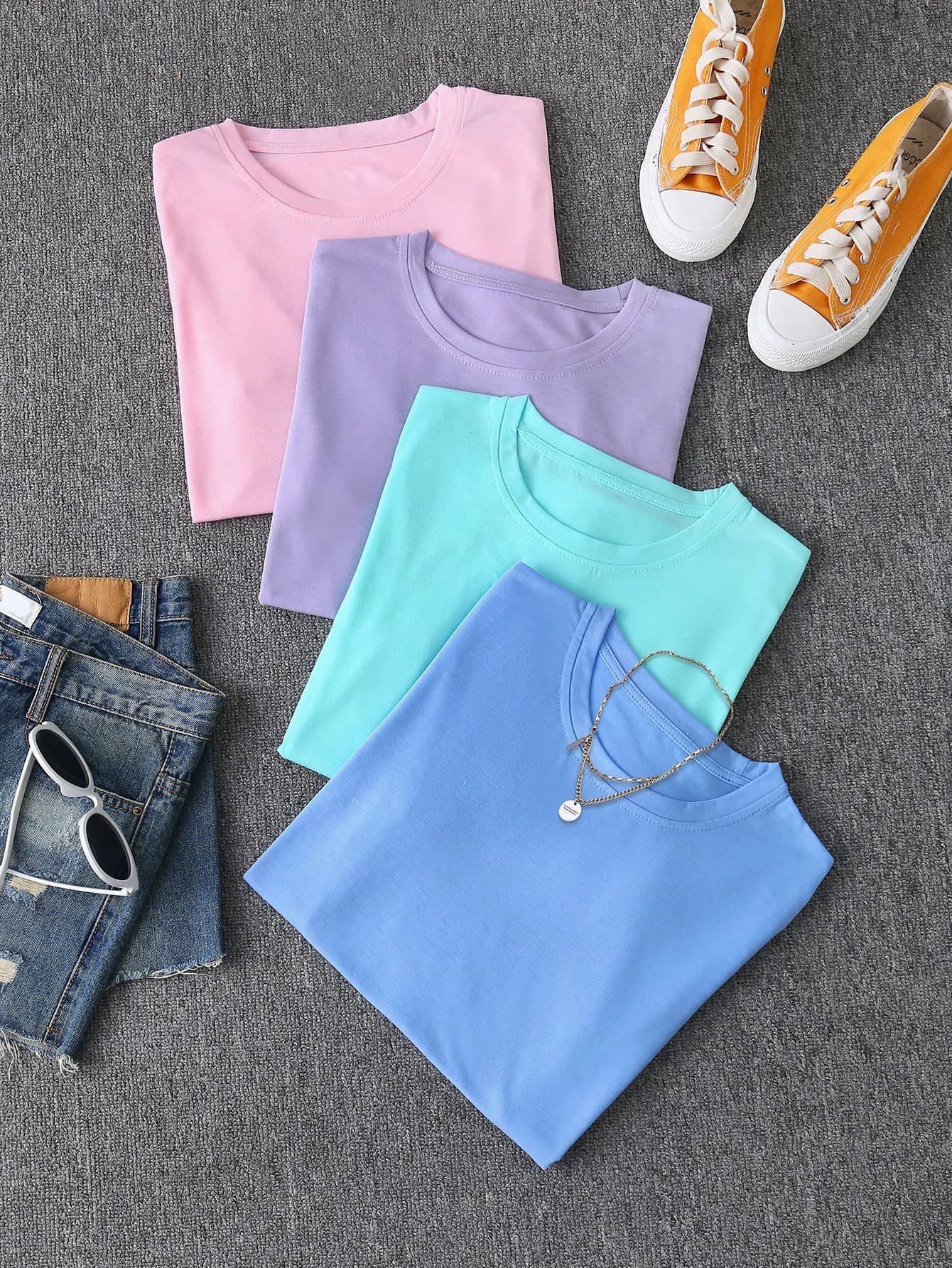 SHEIN Unity 4pcs/Set Women Plain Round Neck Short Sleeve Casual T-Shirts