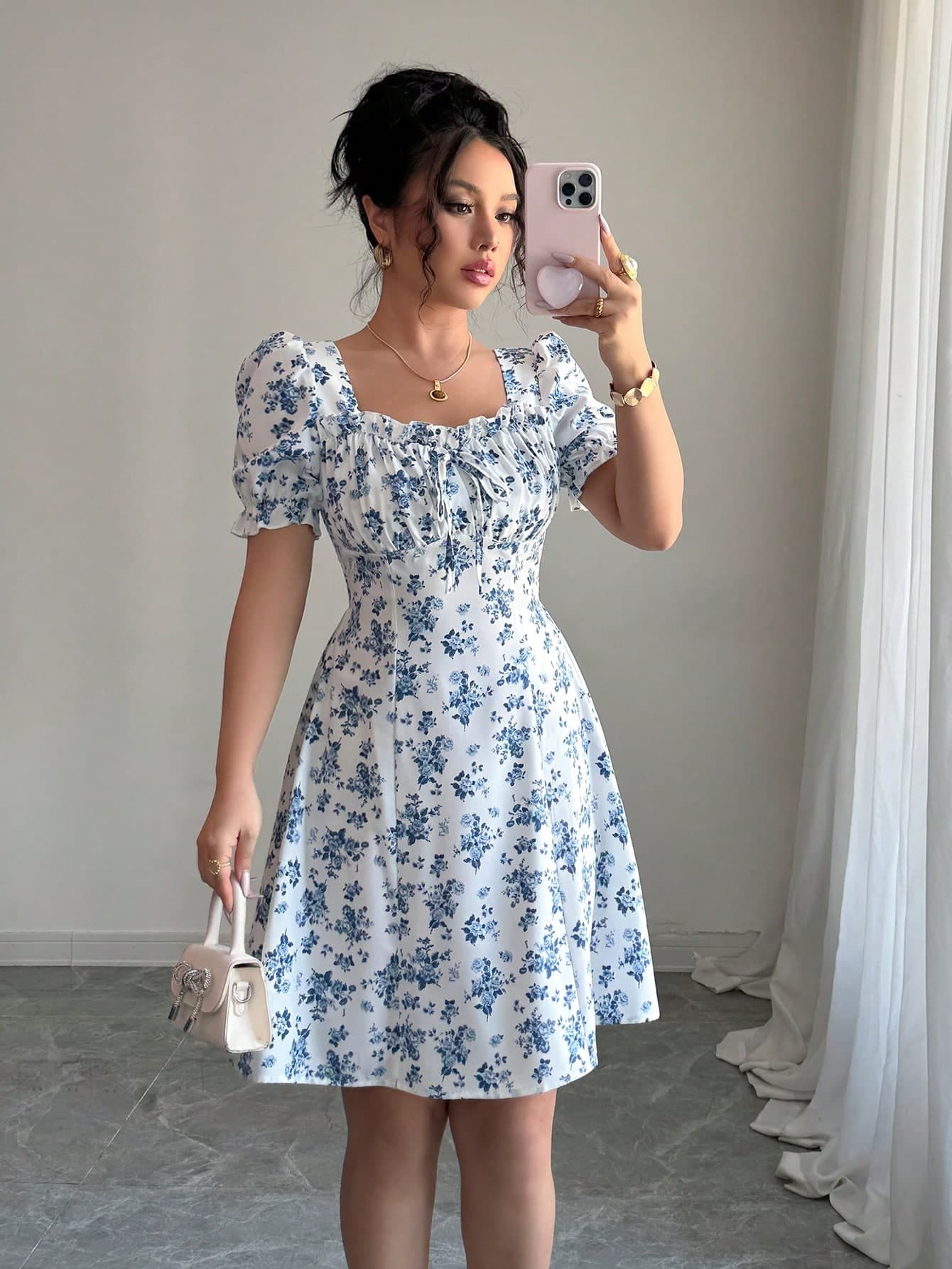 Rafferiza Women Elegant Floral Print Square Neck Mini Dress, Ruffled Hem & Sleeves, Suitable For Spring, Summer, Fall