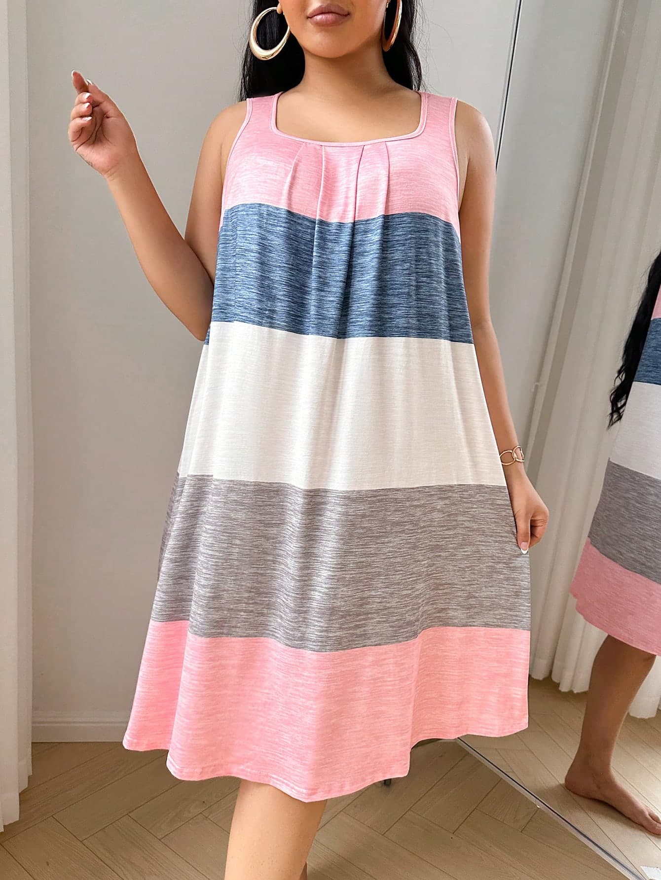 SHEIN Colorful Striped Print Casual Plus Size Nightgown, Moo Moo