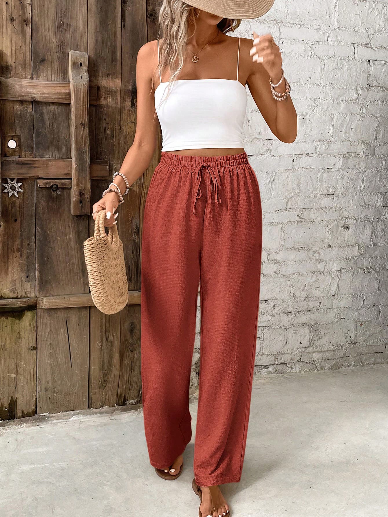 SHEIN Frenchy Women's Solid Color Belted Loose Straight Leg Casual Pants, Versatile Winter Christmas Spring