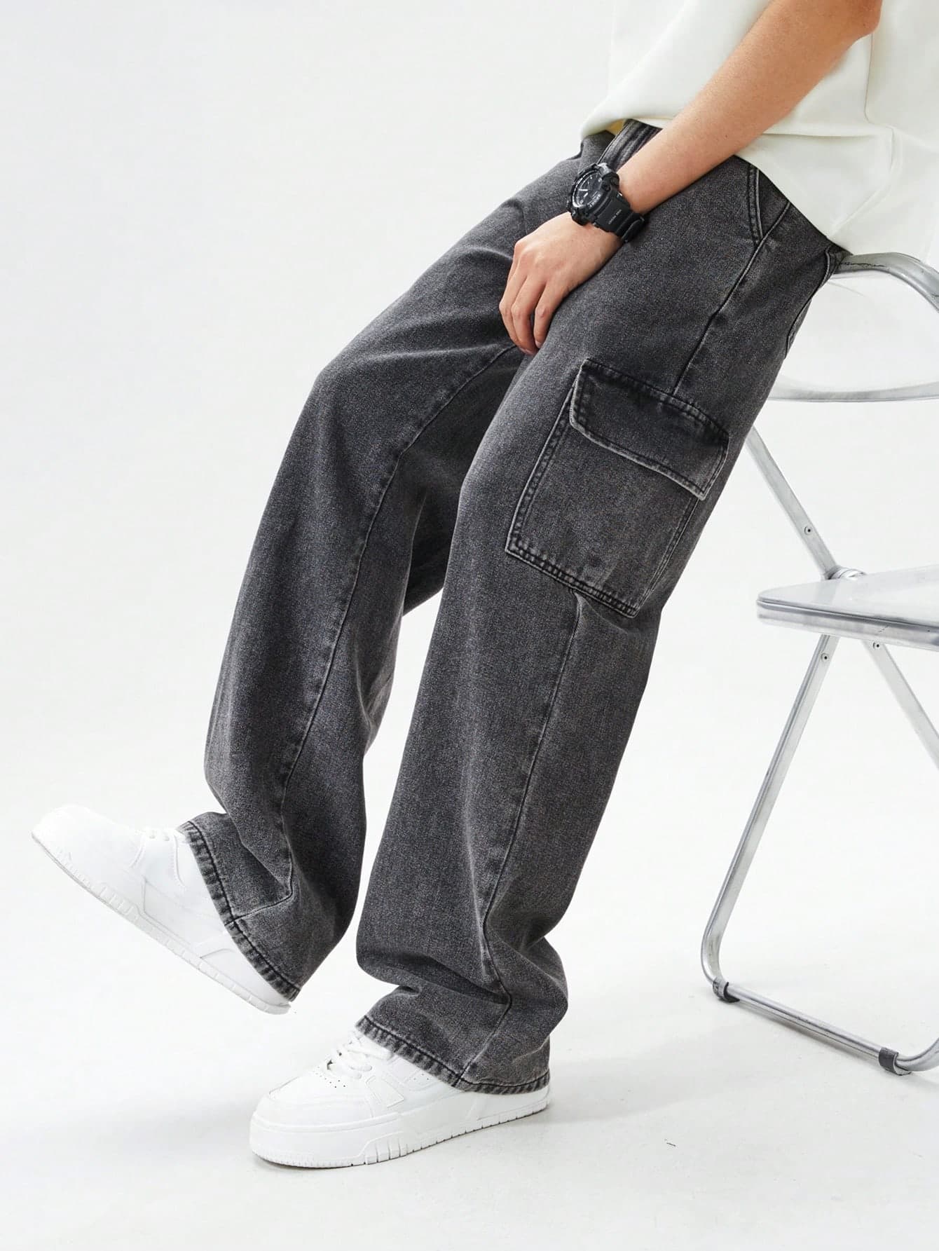 SHEIN Mirajuku Teen Boy Outdoor Casual Washed Cargo Jeans, School, Campus, College Chic For Autumn/Winter