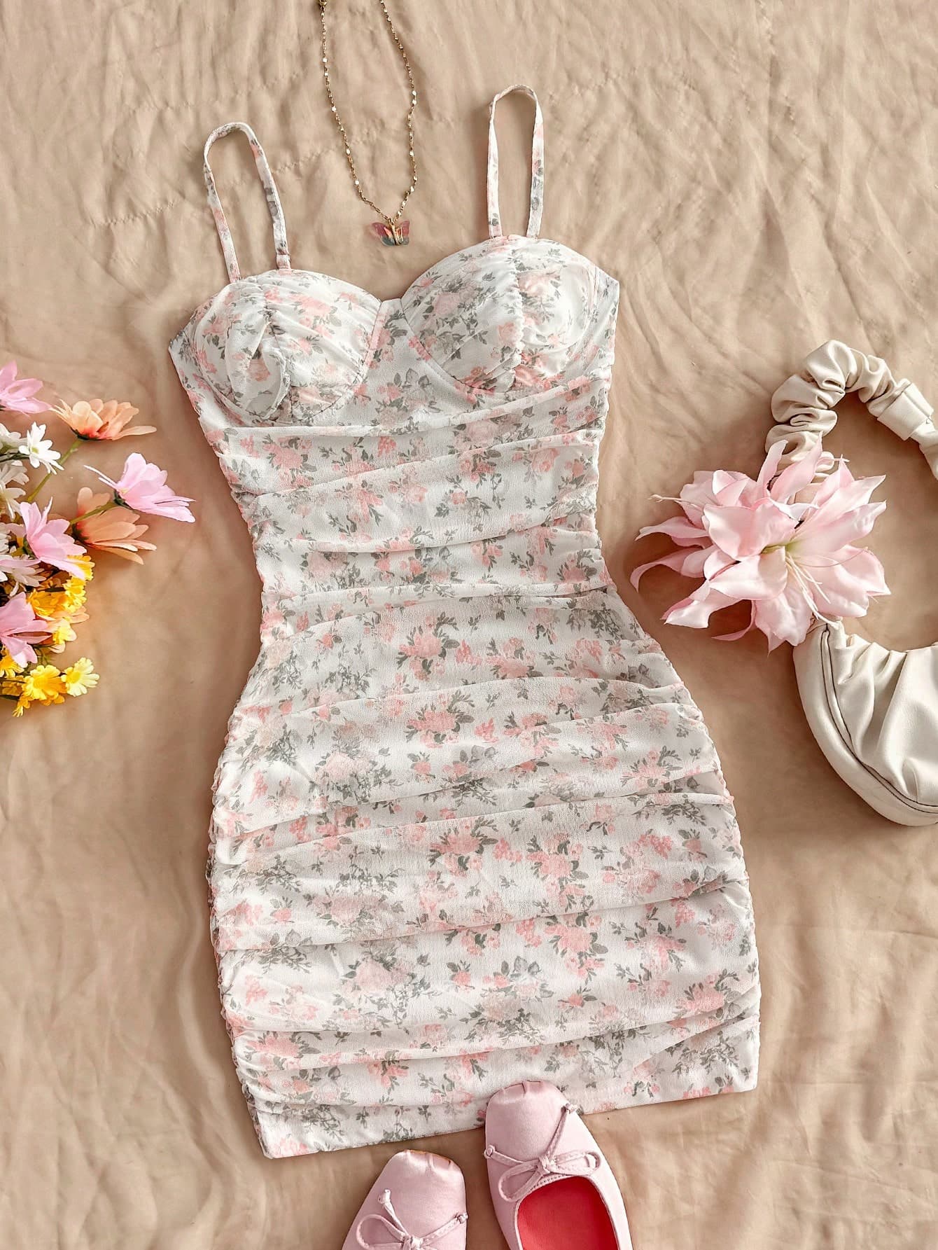 Soleia Vacation Ditsy Floral Ruched Strap Mini Dress, Suitable For Wearing Undergarment Or Outerwear Summer Dresses For Women