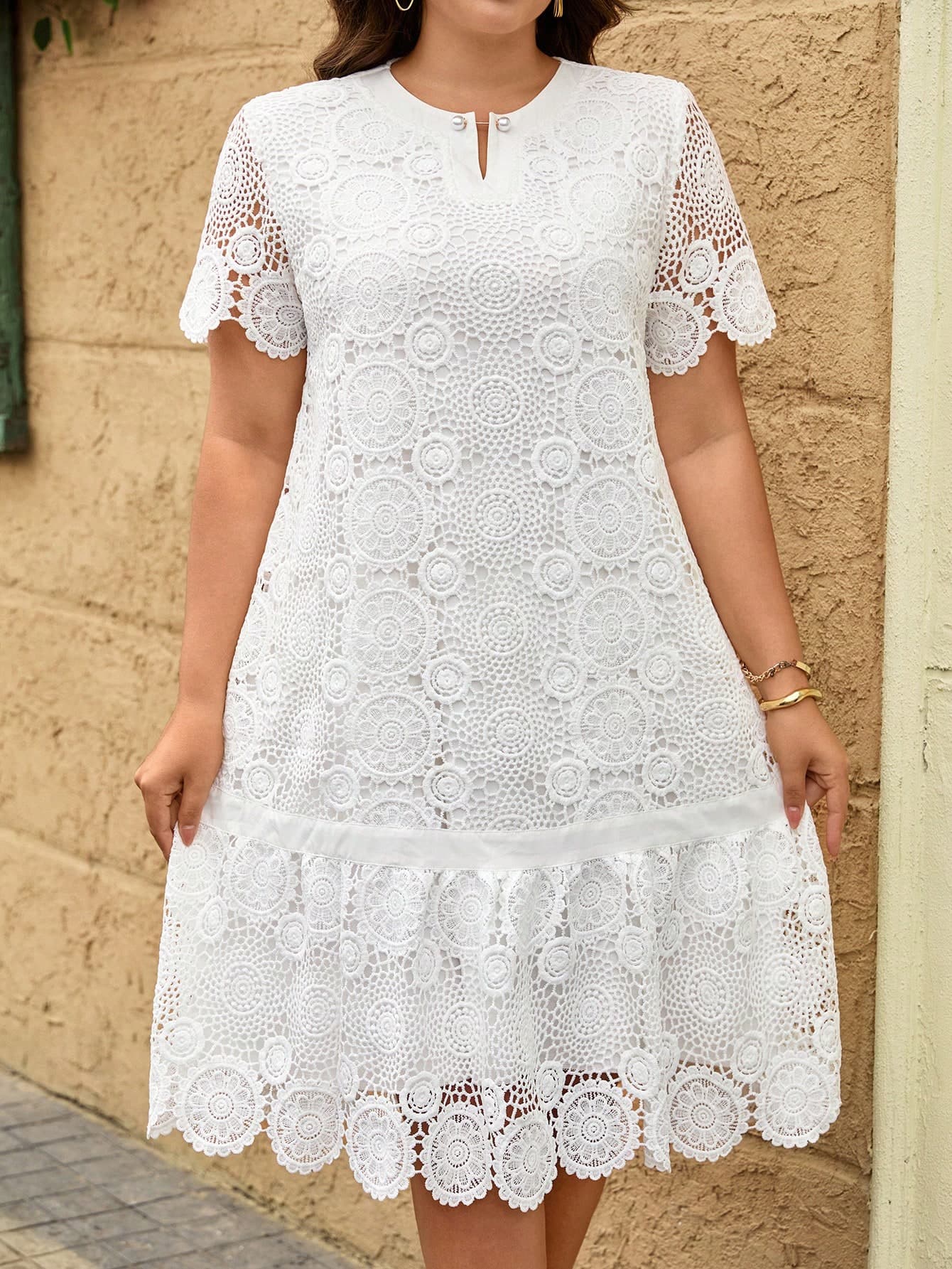 Reflora Plus Size White Summer Elegant Silky Wedding Bridal Women Lace Round Neck Short Sleeve Ruffle Hem A-Line Dress,Formal Prom Party Gowns,Resort Wear