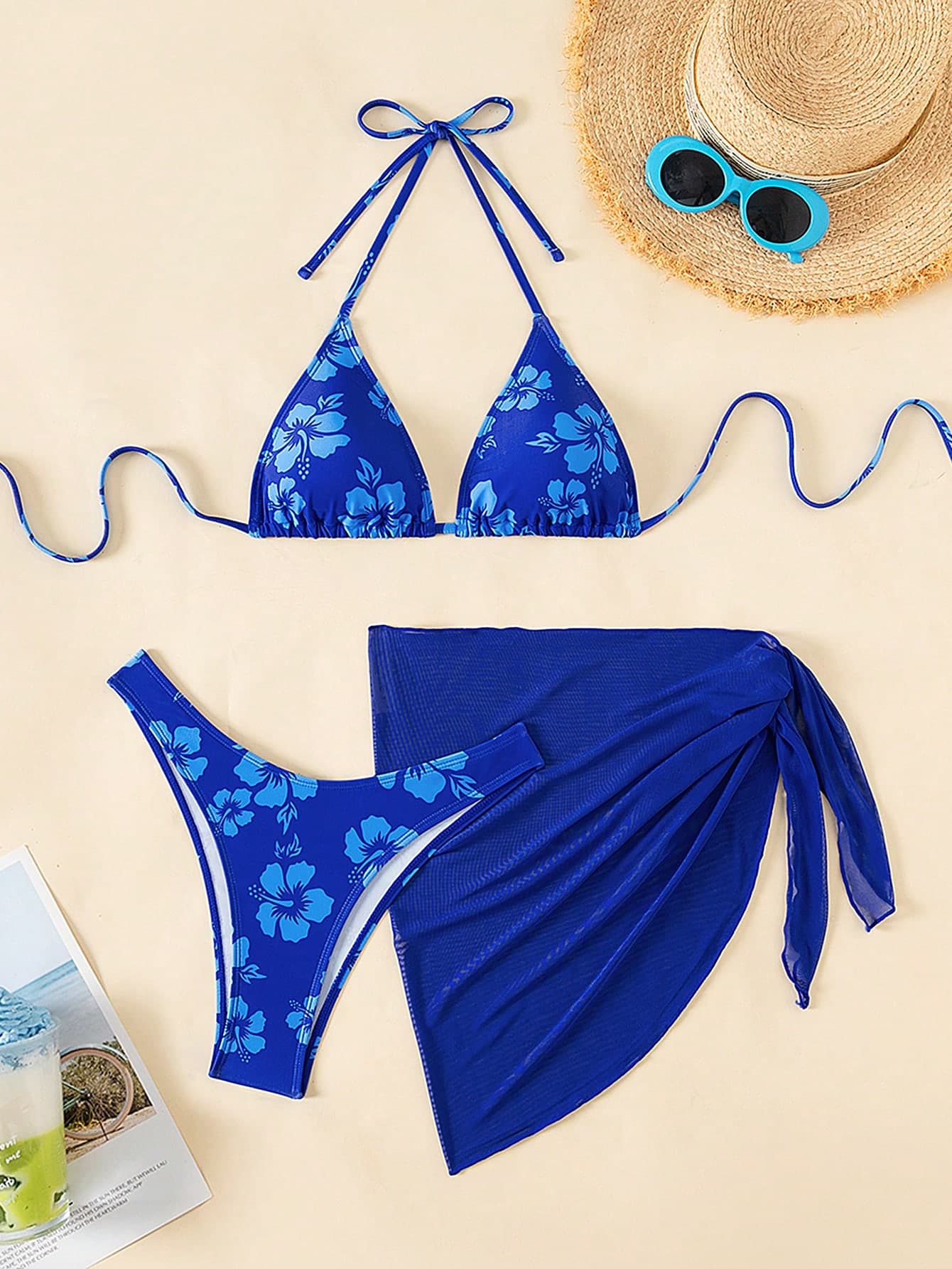Swim Mod 3pcs/Set Women Halter Neck Triangle Bra & Brief Bikini Set With Sarong Skirt For Summer Beach Vacation