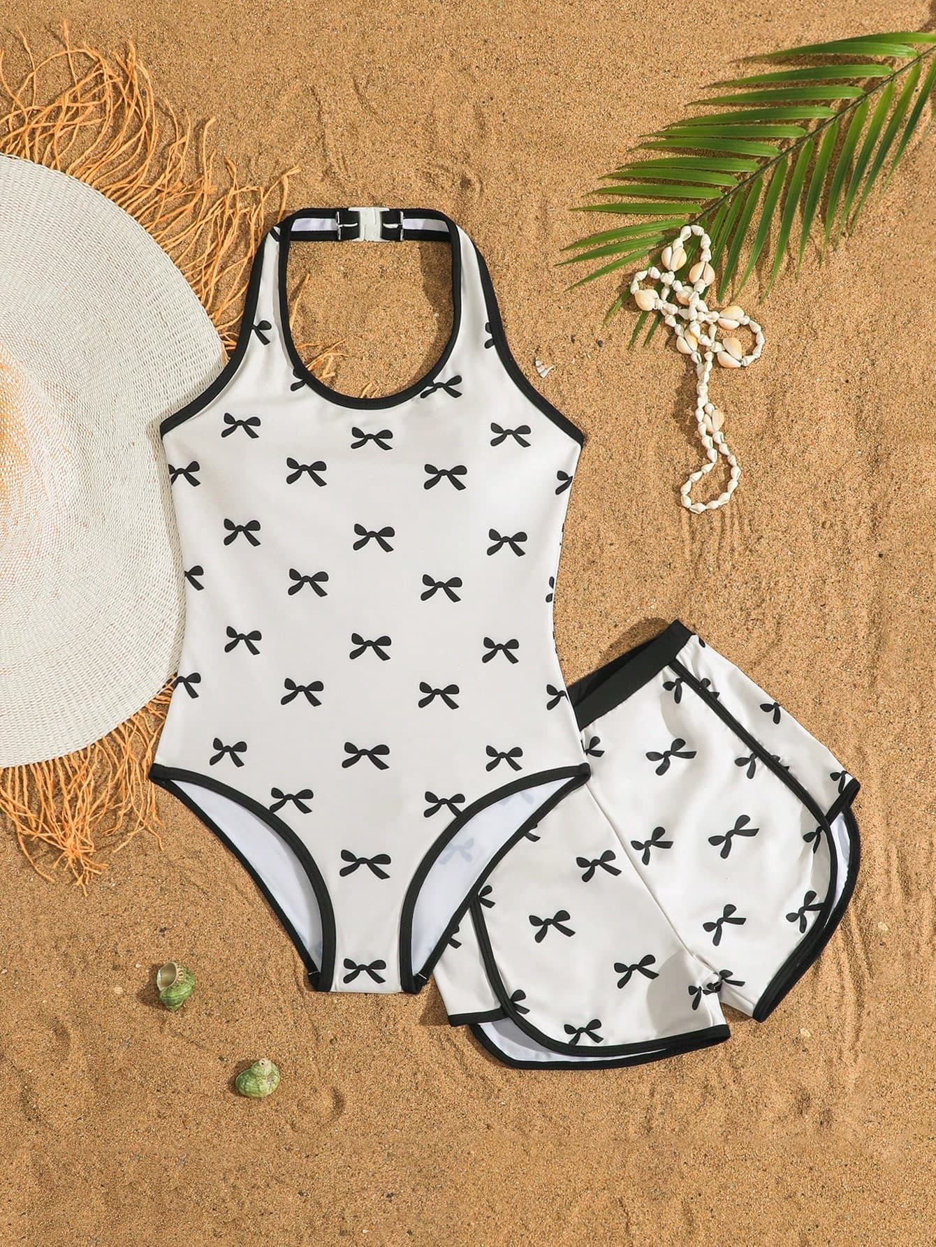 SHEIN 2pcs Girls Bow Print Halter Swimsuit Set With Separate Shorts, Children's Holiday Style Swimwear, Suitable For Tween Girls, Summer Beach Vacation