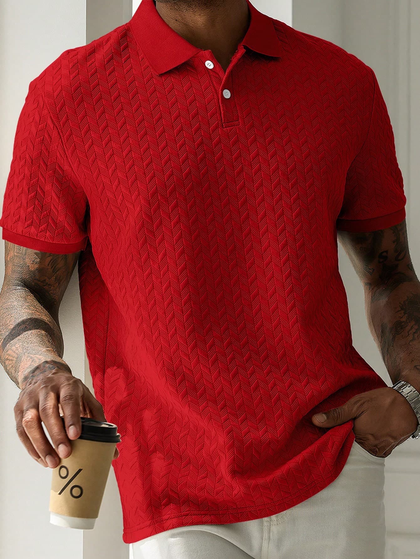Manfinity CasualCool Men's Solid Color Short Sleeve Polo Shirt, Fashion For Summer, Red Polo Shirts, Formal