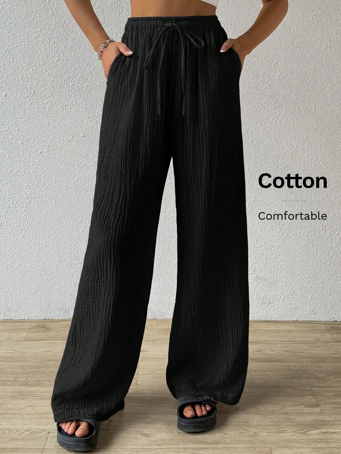 SHEIN EZwear Loose Wide-Leg Pants With Textured Wrinkled Fabric And Drawstring Waist