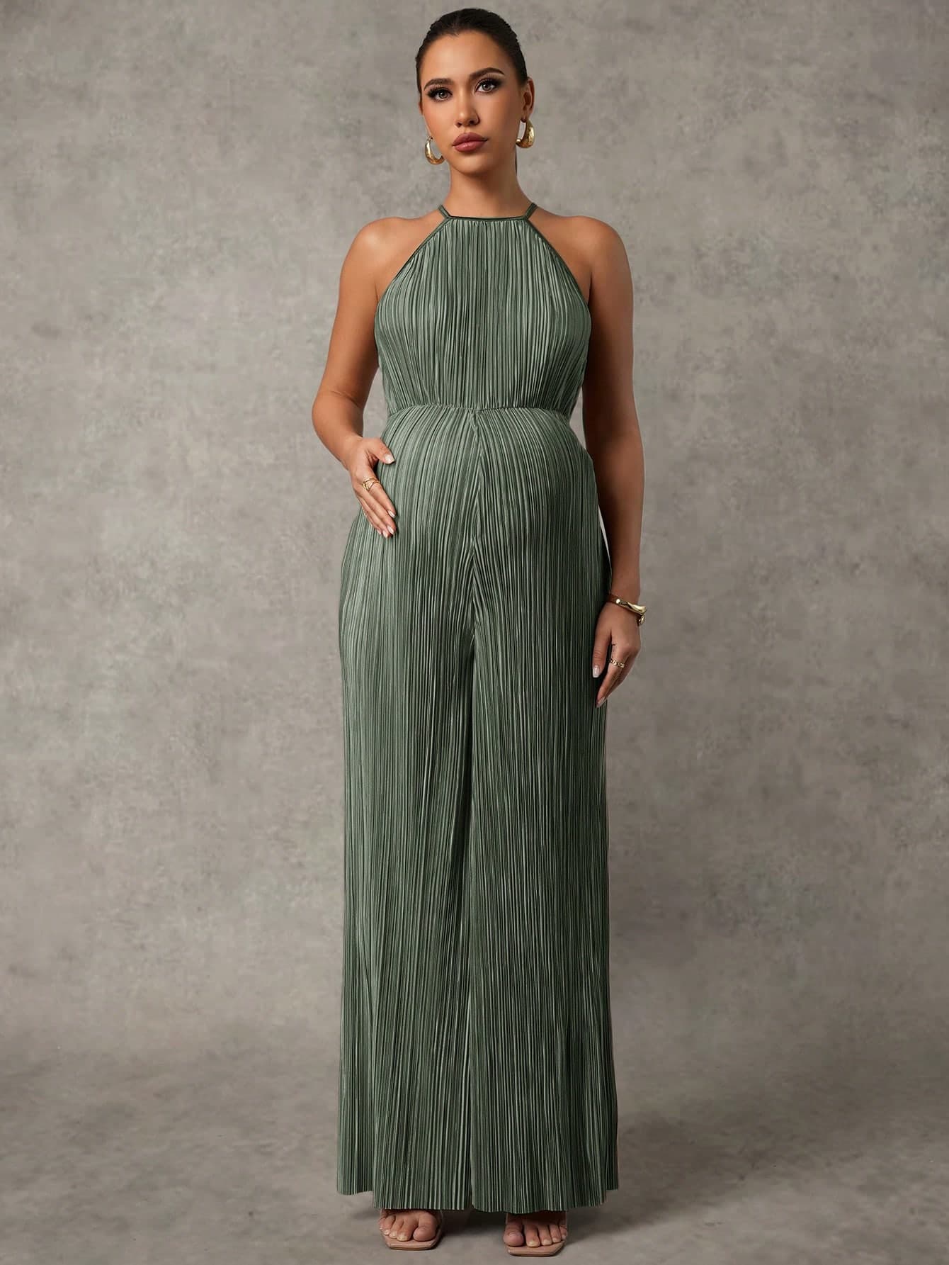 MaterniChic Maternity Summer Casual Solid Color Sleeveless Jumpsuit