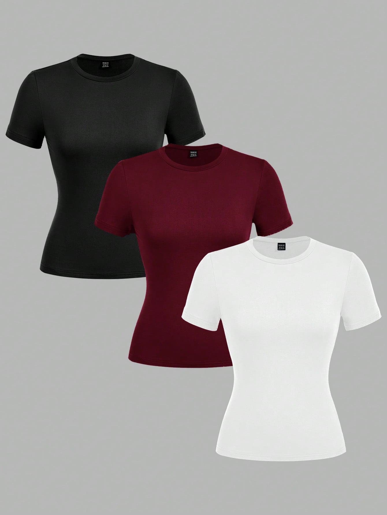 SHEIN EZwear 3-Pack Women's Round Neck Casual Slim Fit Long Sleeve T-Shirt Set, Black/White/Wine Red, Suitable For Summer
