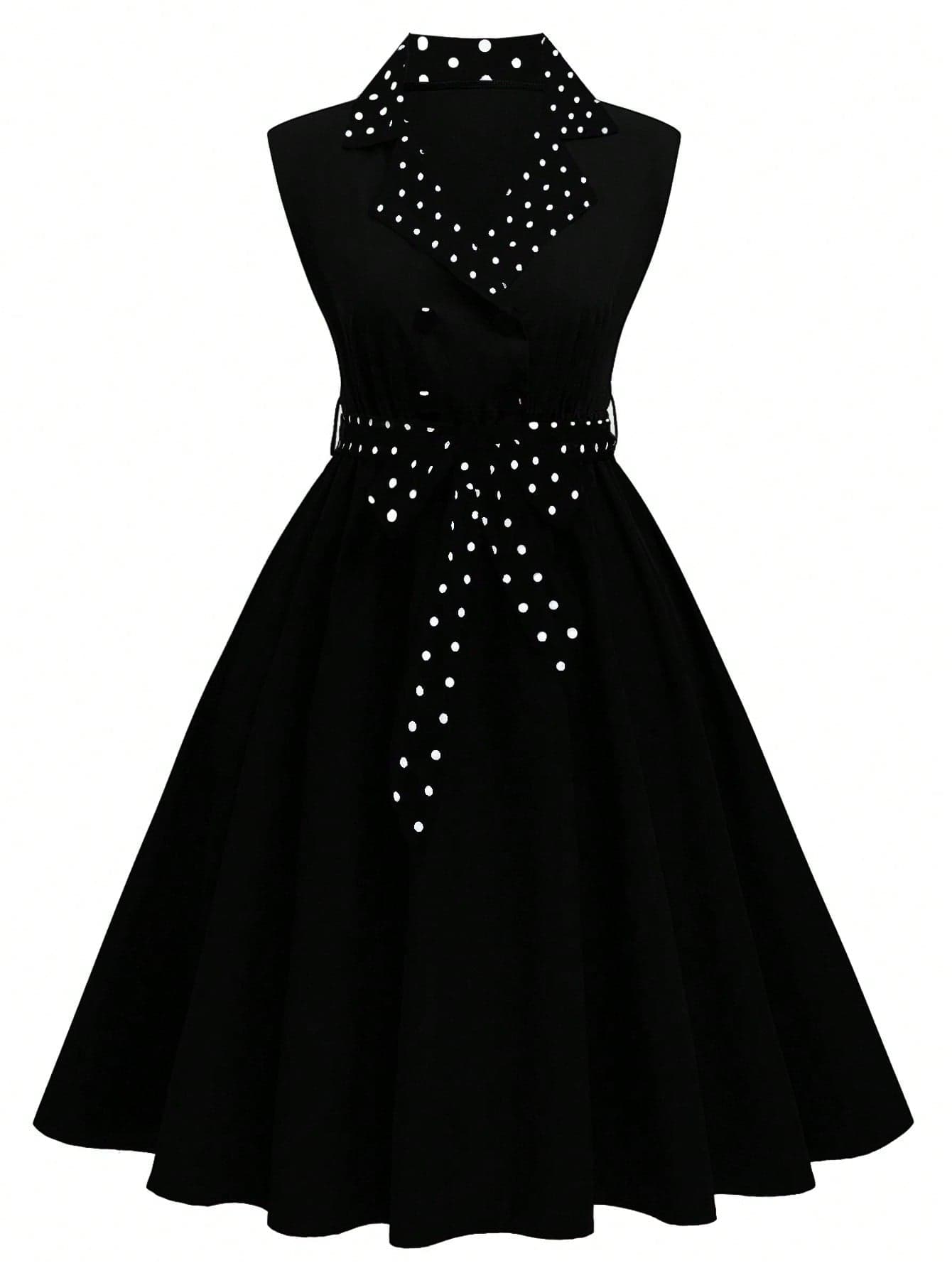 Rometta Plus Size Polka Dot Print Belted Sleeveless Dress