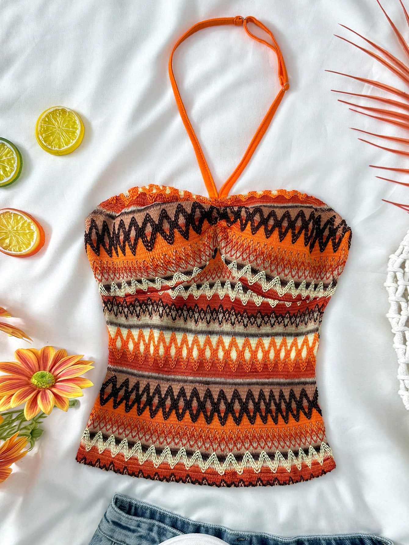 SHEIN Teen Girl Tropical Orange Halter Top, Summer Vacation Beach