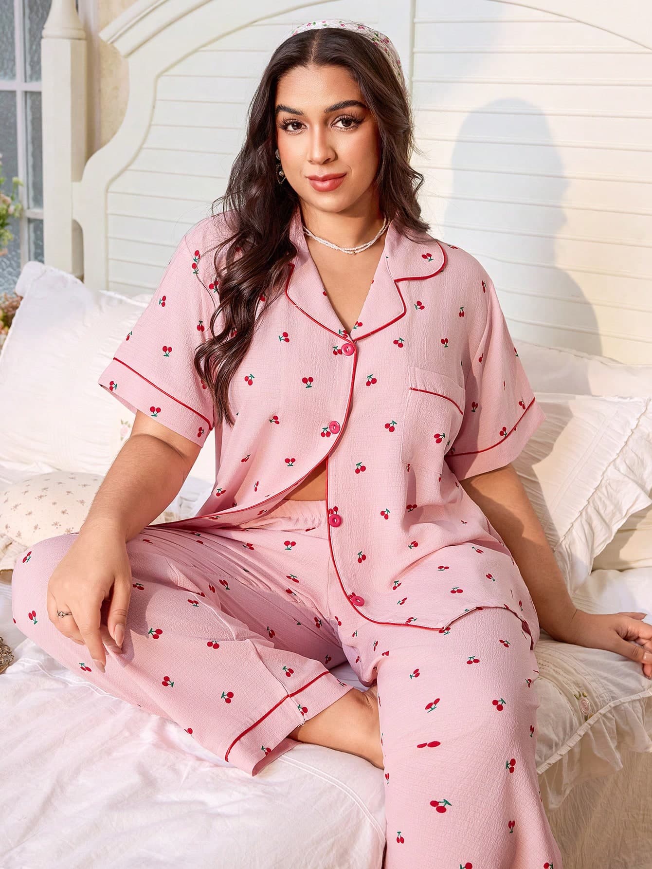 CottageSlumber Plus Size Women Comfortable Cherry Print Top & Pants Lounge Wear Set, Loose Fit, Suitable For Spring, Bountiful Floral Splendor Cozy