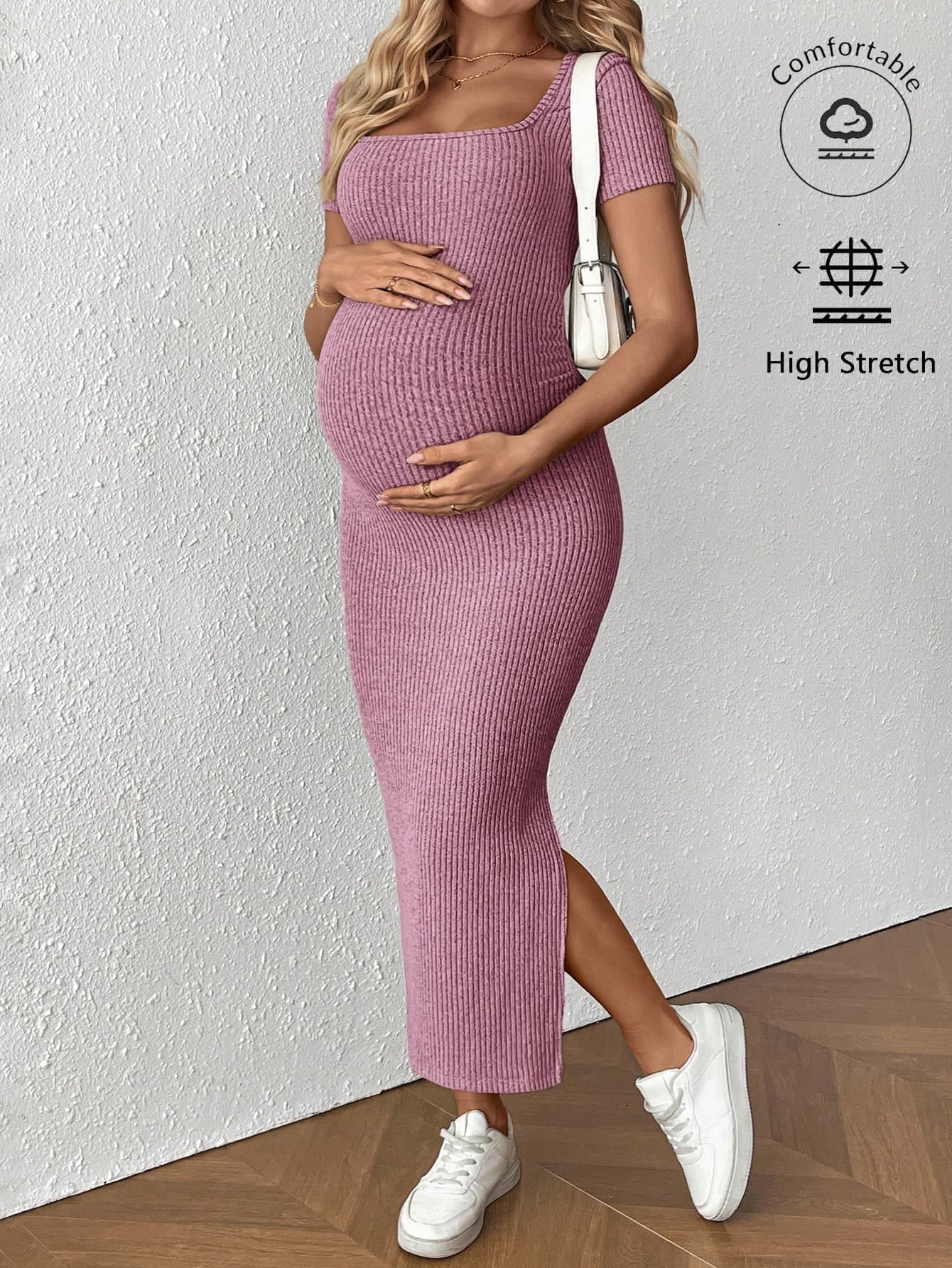 SHEIN Maternity Solid Square Neck Short Sleeve Casual Split Side Fitted Dress