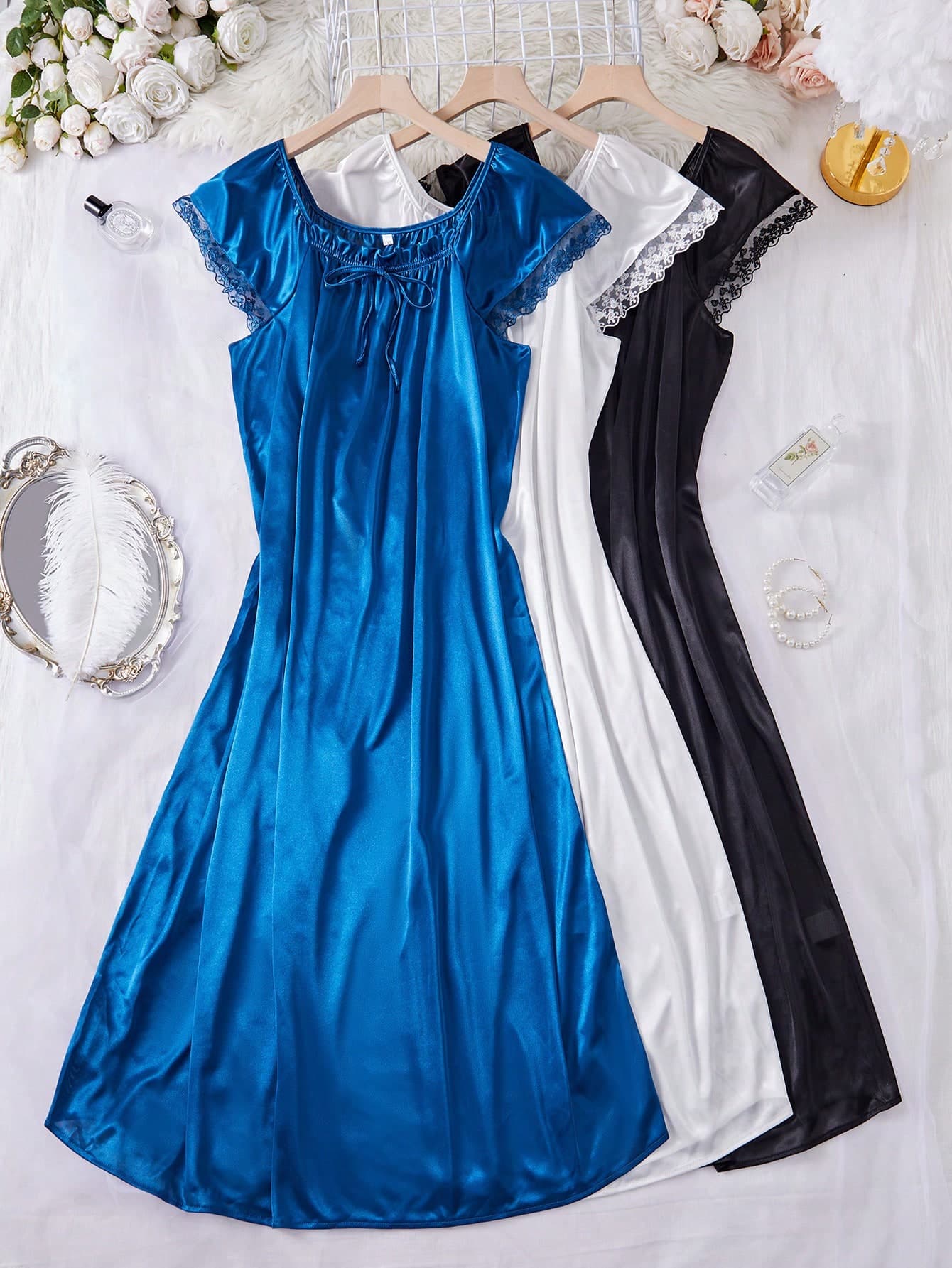 LuxeNights 3pcs Plus Size Solid Color Nightgown Set