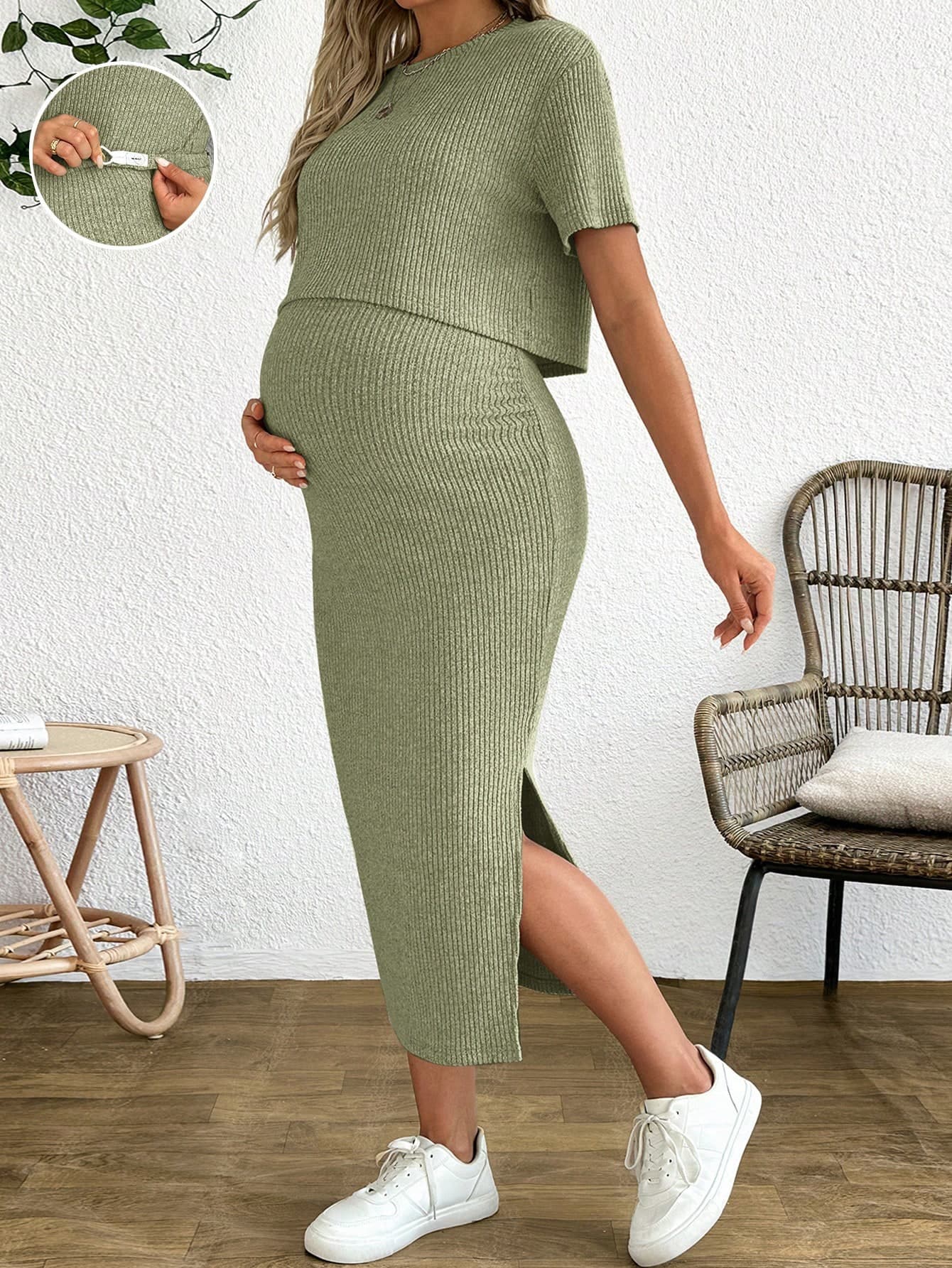 SHEIN 2pcs/Set Maternity Solid Color Short Sleeve Top And Skirt Summer Casual Outfit World Cup